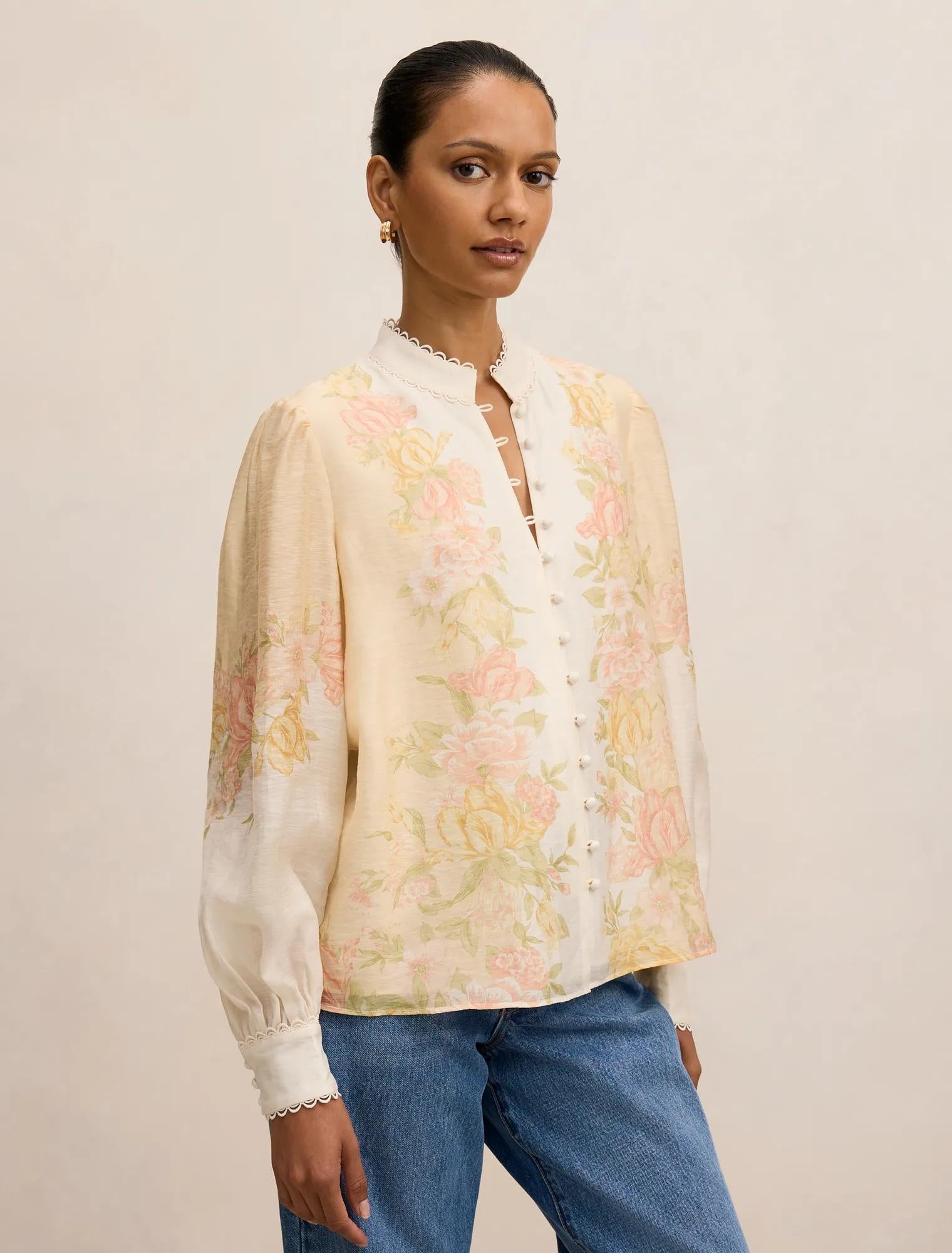 Emma Petite Trimmed Blouse Peach Mercia Floral