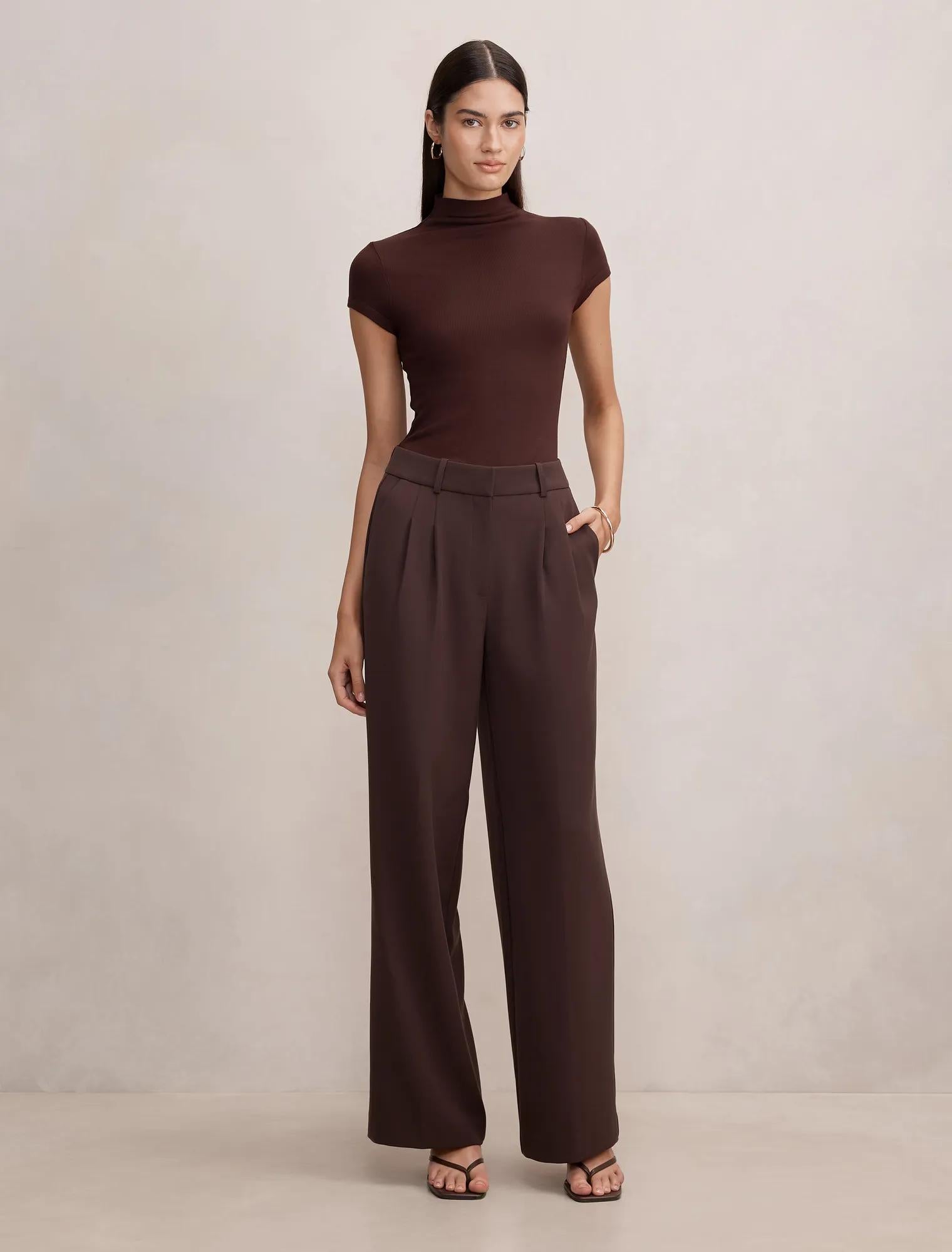 Eva Pleat Wide Leg Pants Chocolate