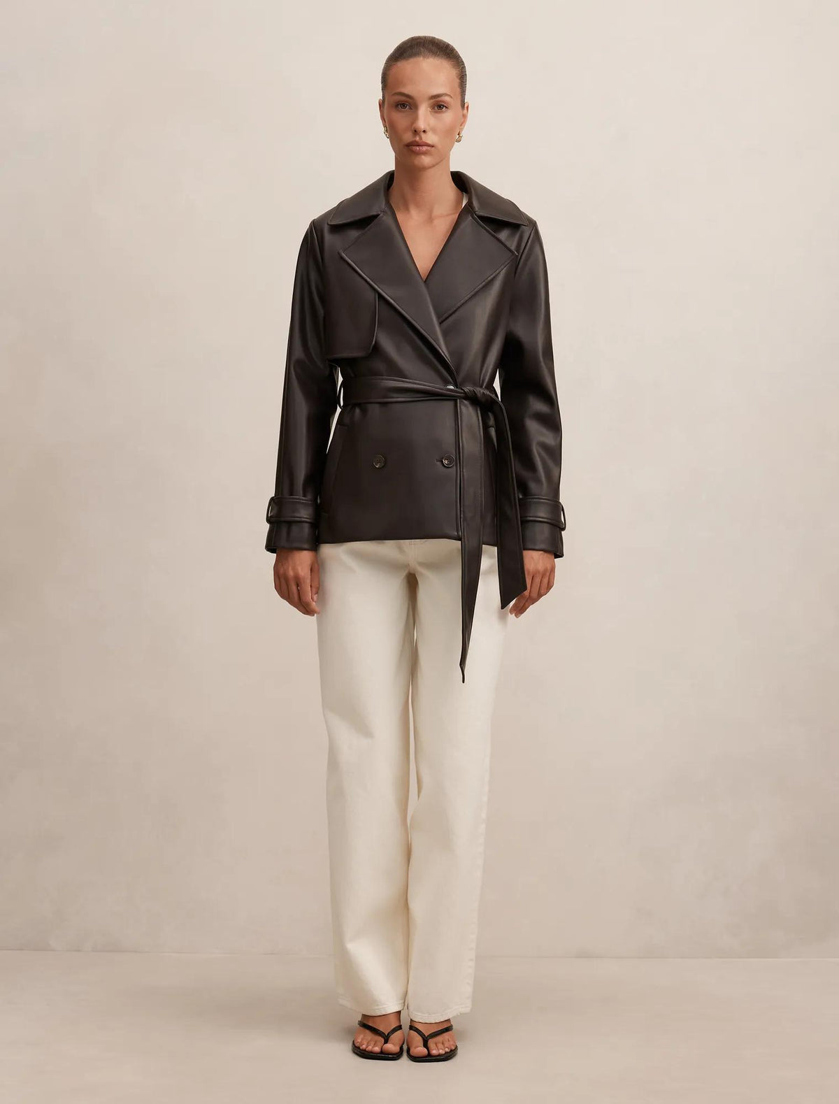 Payton Short Faux Leather Trench Coat Chocolate