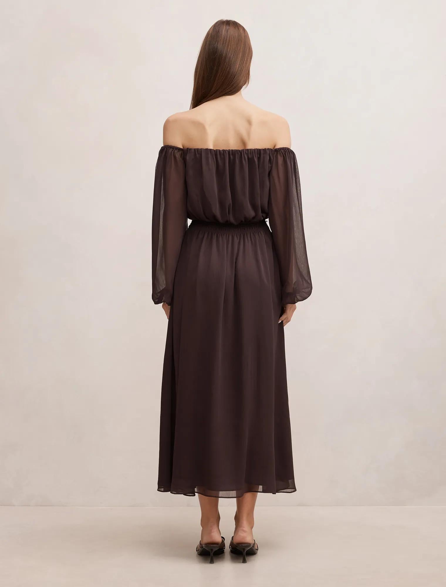 Elodie Off Shoulder Midi Dress Dark Chocolate