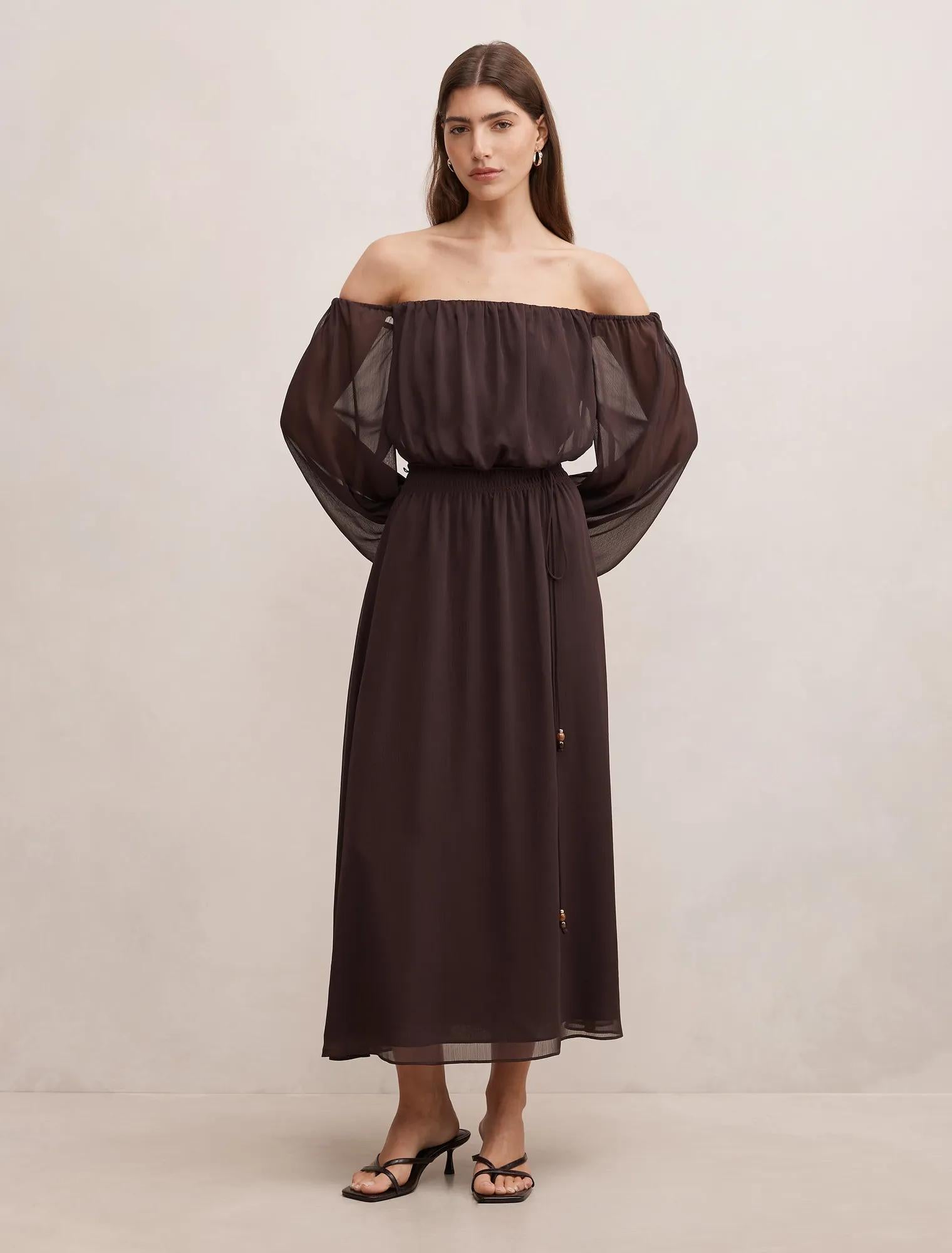 Elodie Off Shoulder Midi Dress Dark Chocolate