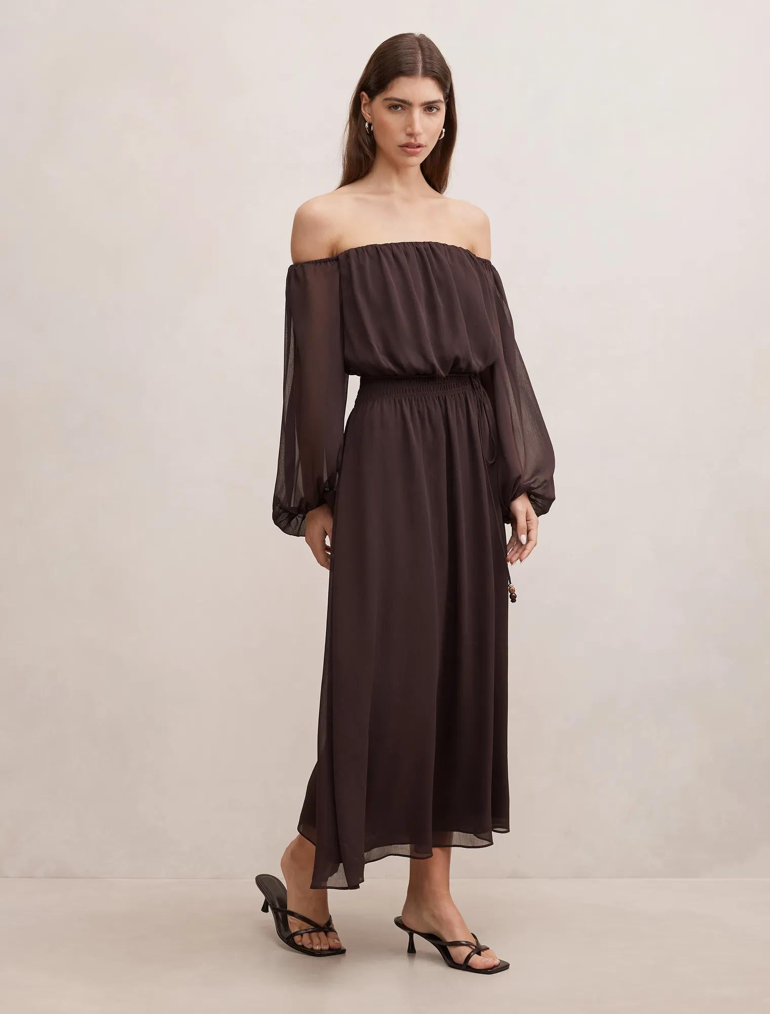 Elodie Off Shoulder Midi Dress Dark Chocolate