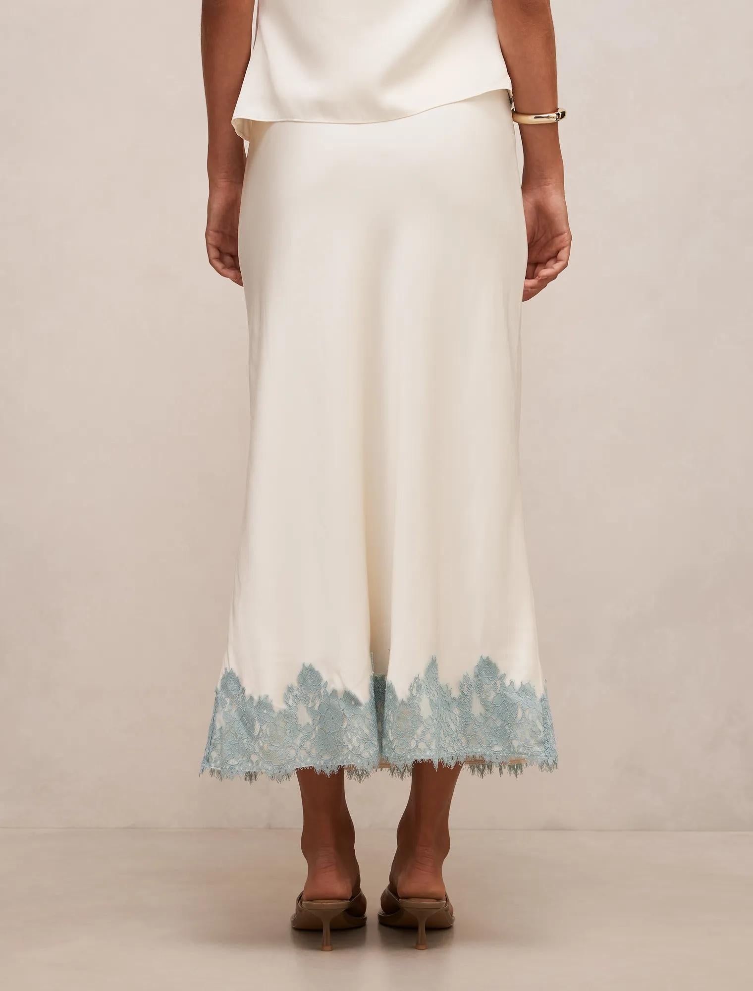 Adele Lace Trim Midi Skirt Champagne/Blue Co-ord