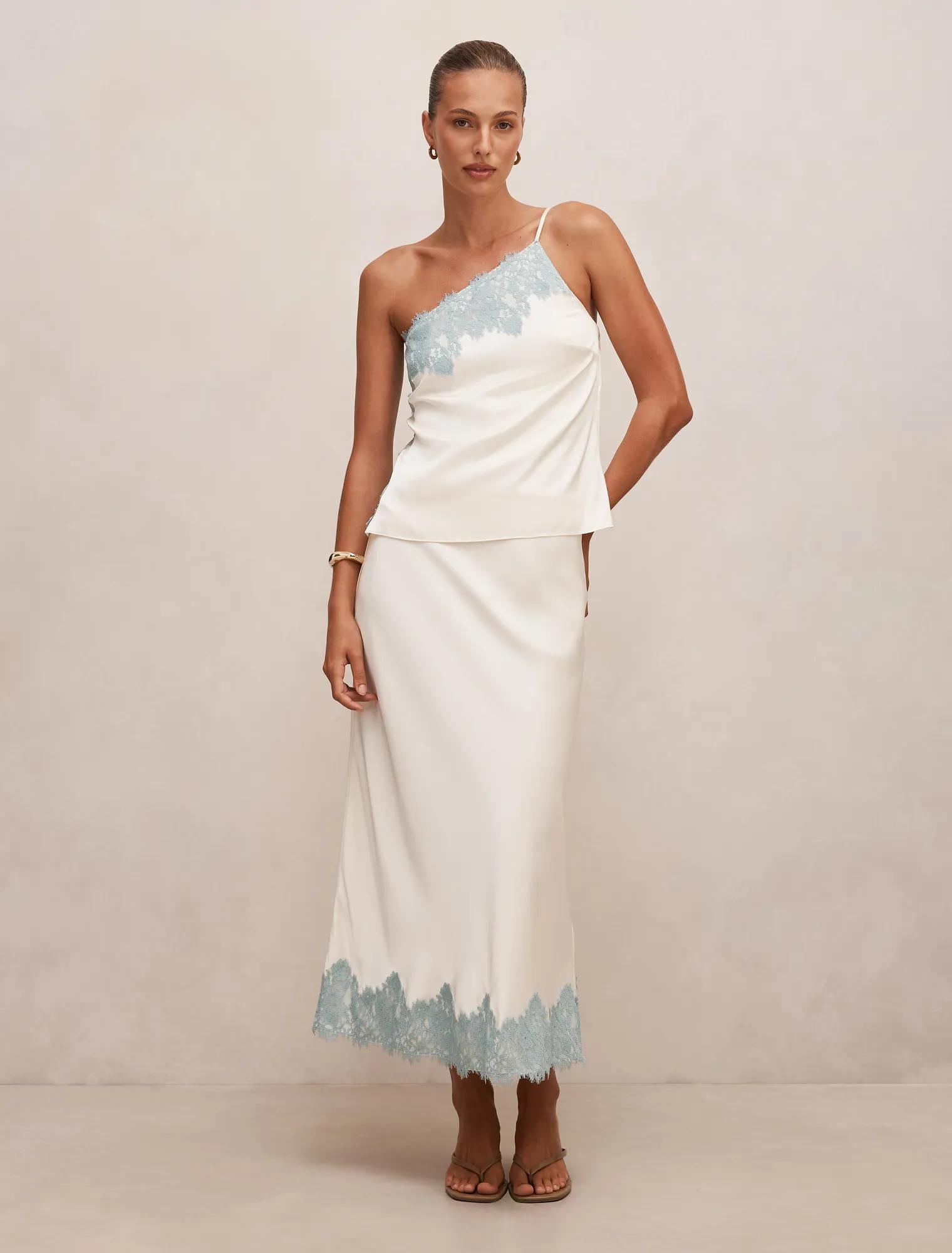 Adele Lace Trim Midi Skirt Champagne/Blue Co-ord