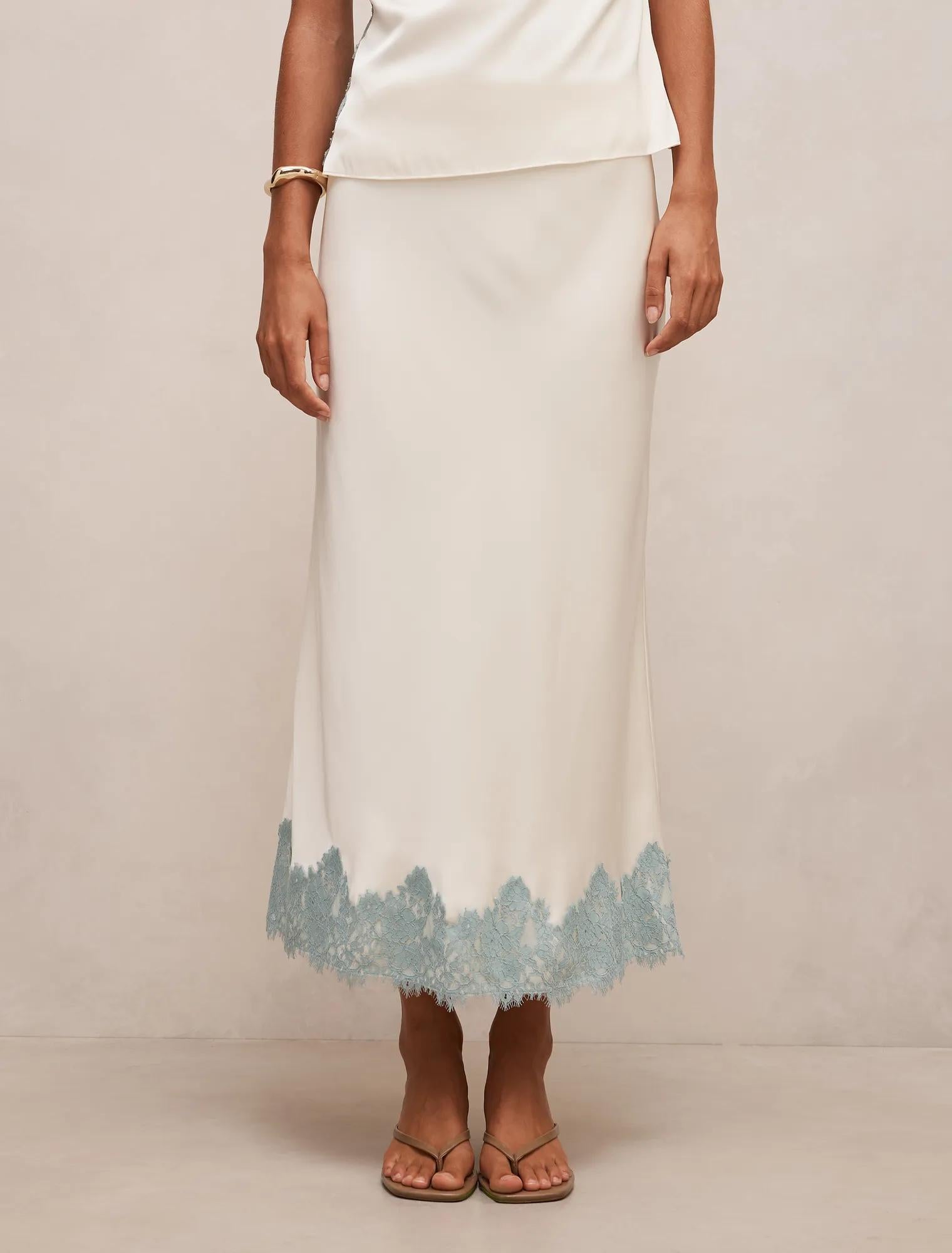 Adele Lace Trim Midi Skirt Champagne/Blue Co-ord