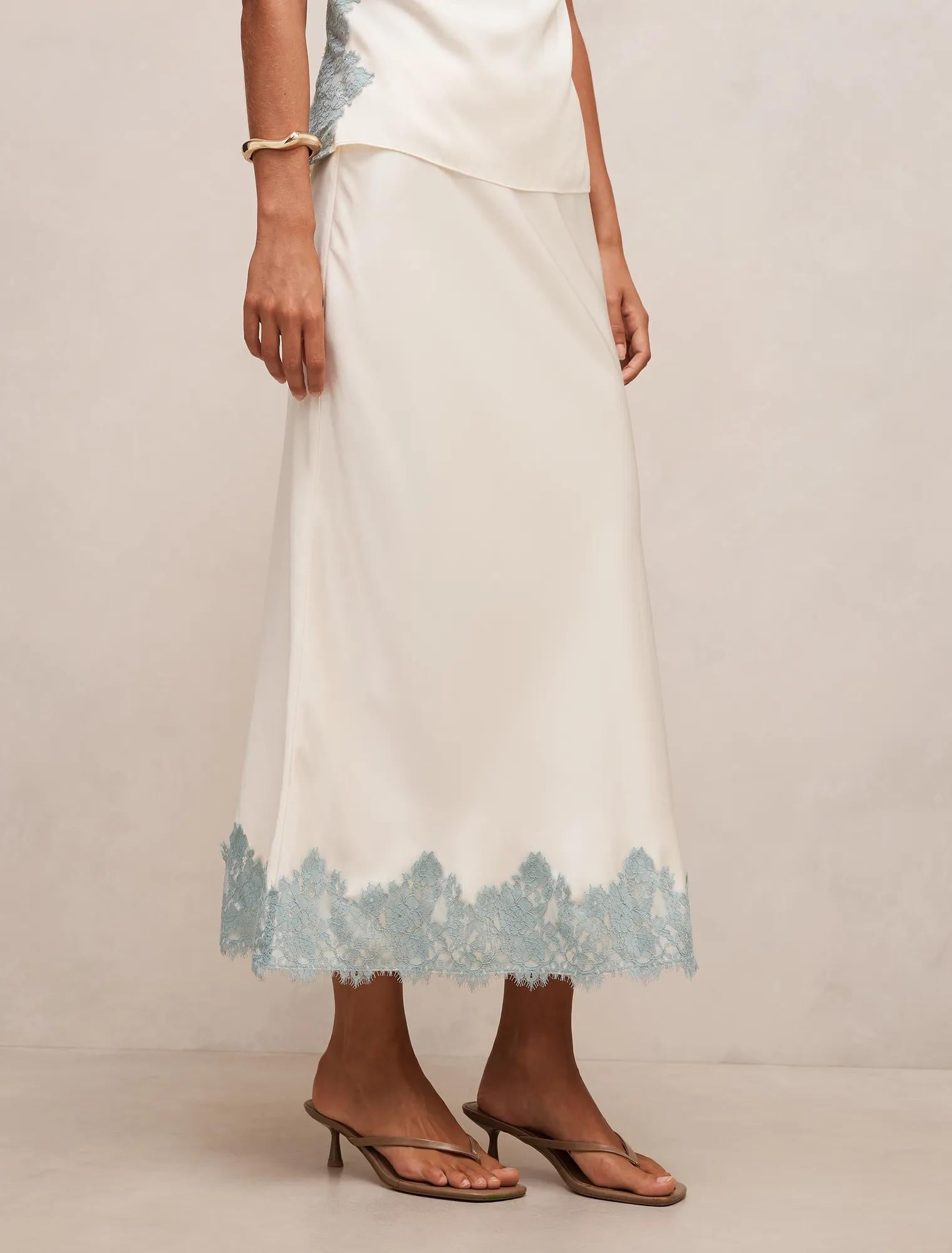 Adele Lace Trim Midi Skirt Champagne/Blue Co-ord