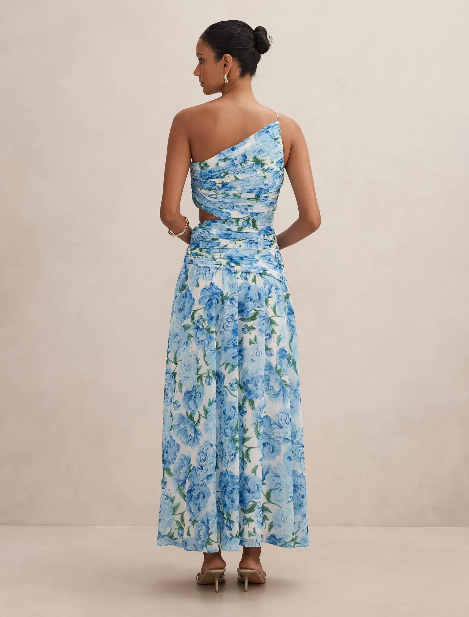 Connie Petite Ruched Asym Maxi Blue Loft Floral