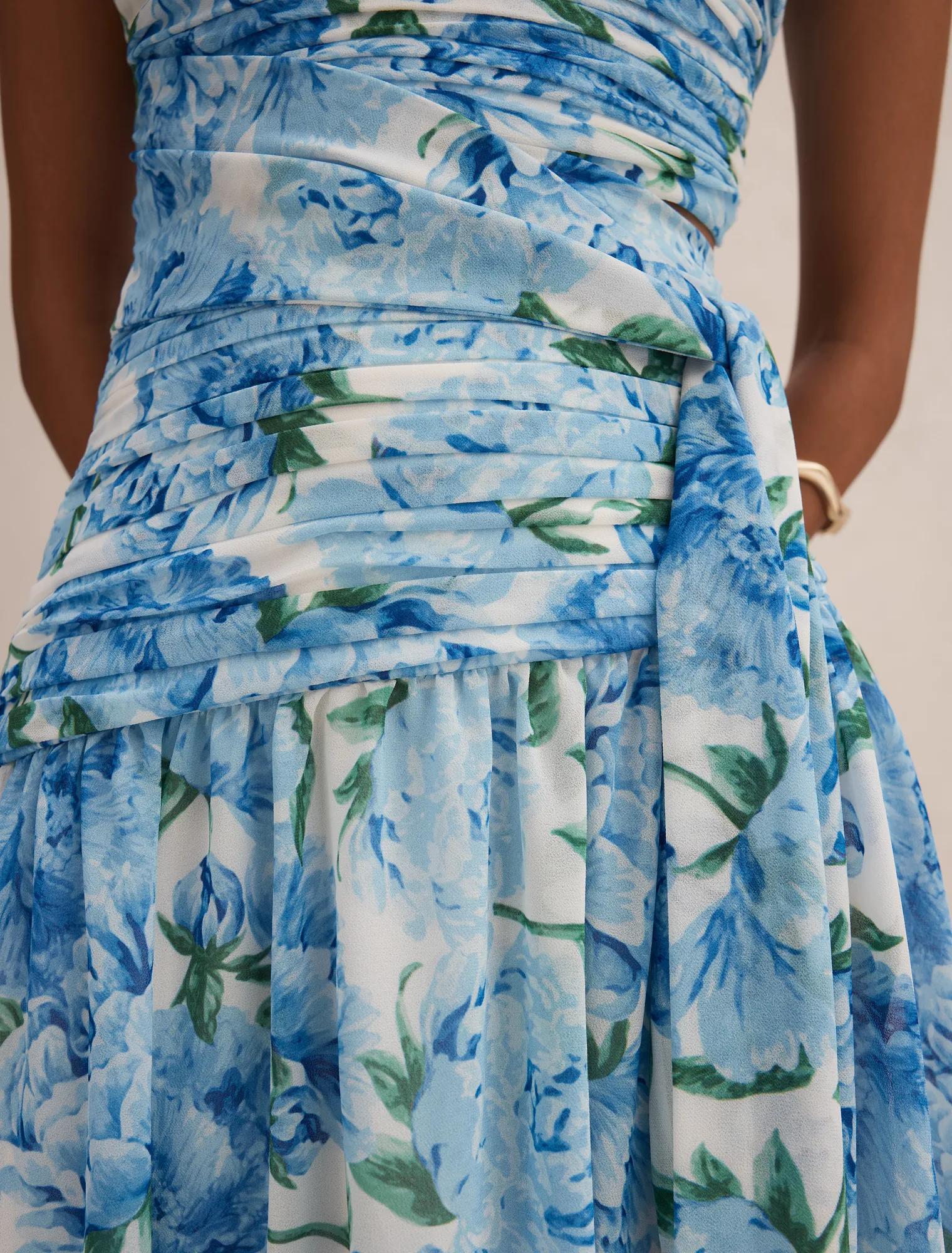 Connie Petite Ruched Asym Maxi Blue Loft Floral