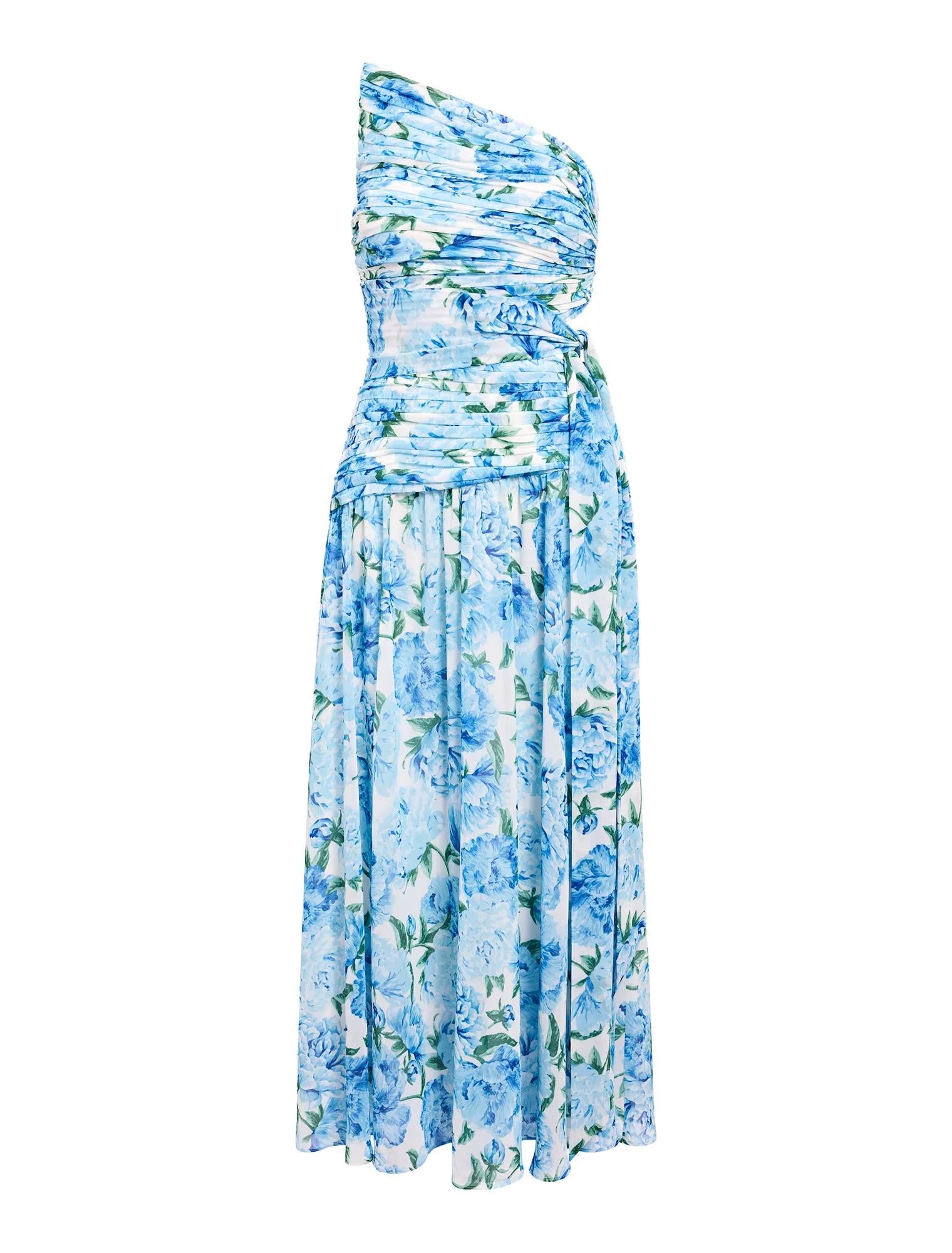 Connie Petite Ruched Asym Maxi Blue Loft Floral_mannequin