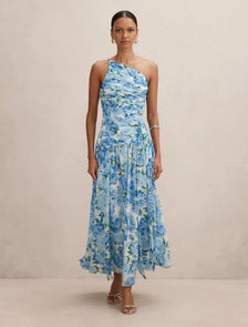 Connie Petite Ruched Asym Maxi Blue Loft Floral