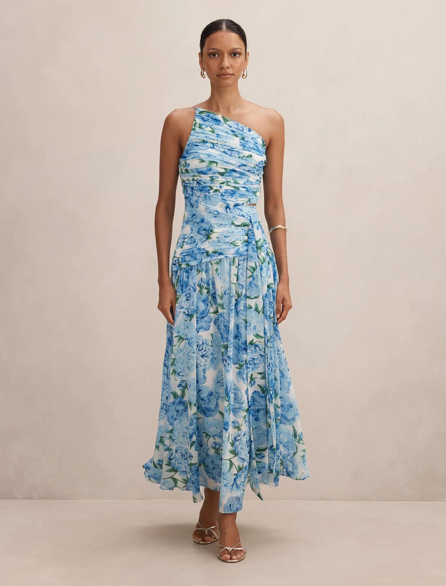 Connie Petite Ruched Asym Maxi Blue Loft Floral