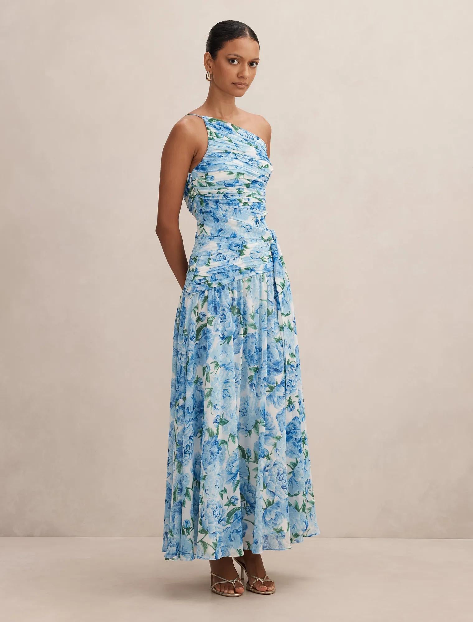 Connie Petite Ruched Asym Maxi Blue Loft Floral