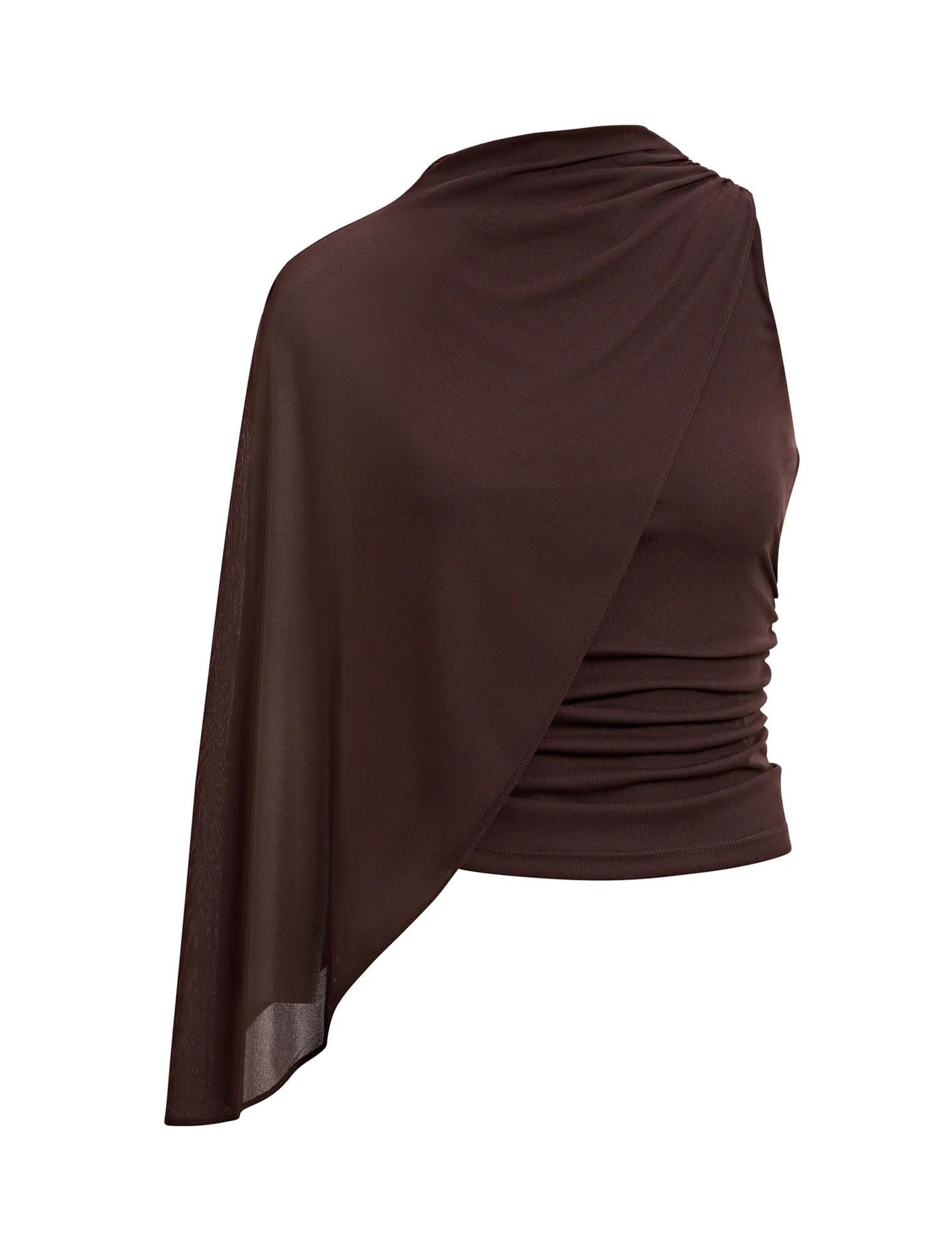 Rosalind Asymmetric Cape Top Chocolate_mannequin
