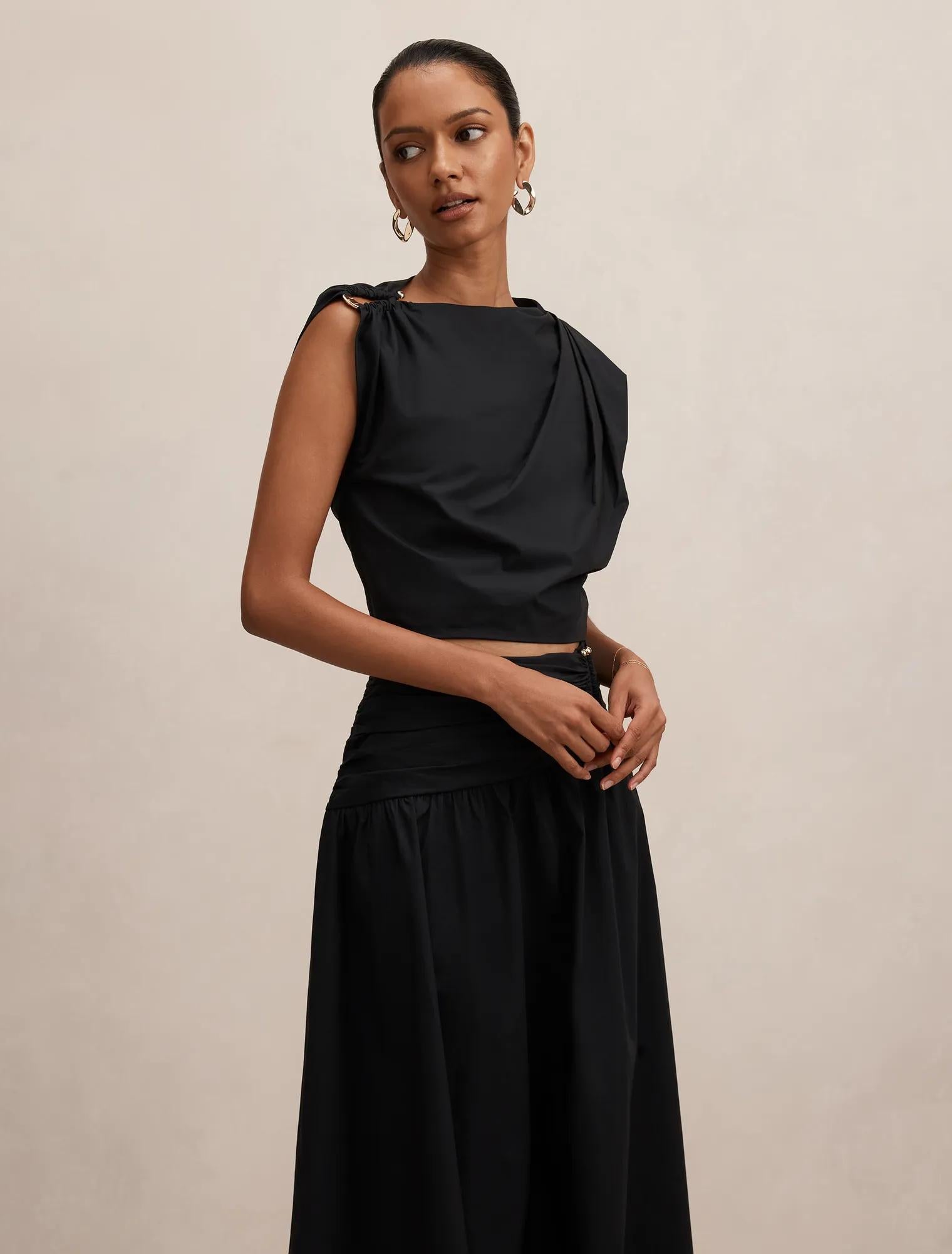 Dottie Petite Draped Hardware Top Black Co-Ord