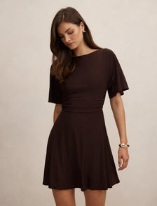 Cora Flutter Sleeve Tie Mini Dress Dark Chocolate