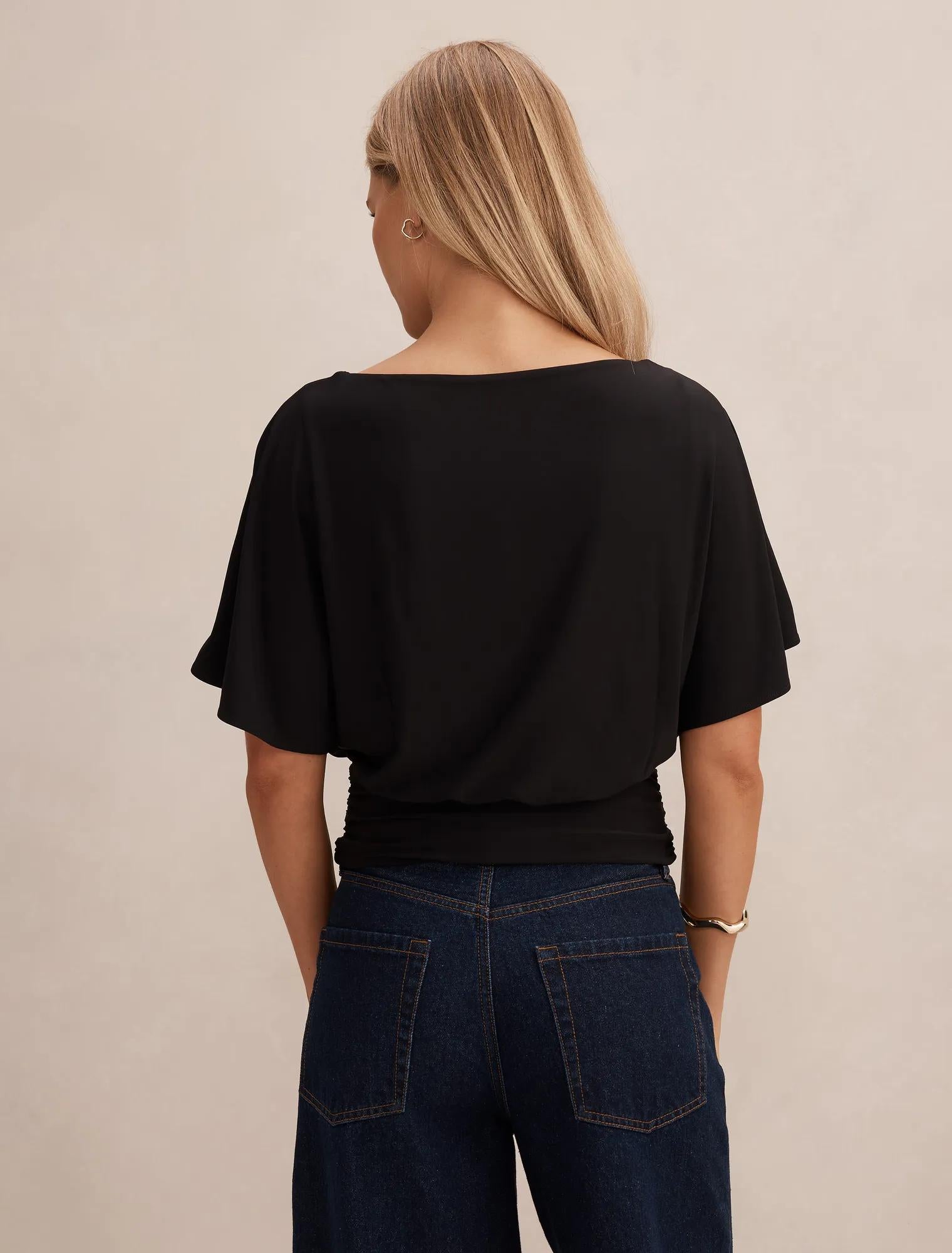 Piper Cinched Flutter Sleeve Top Black
