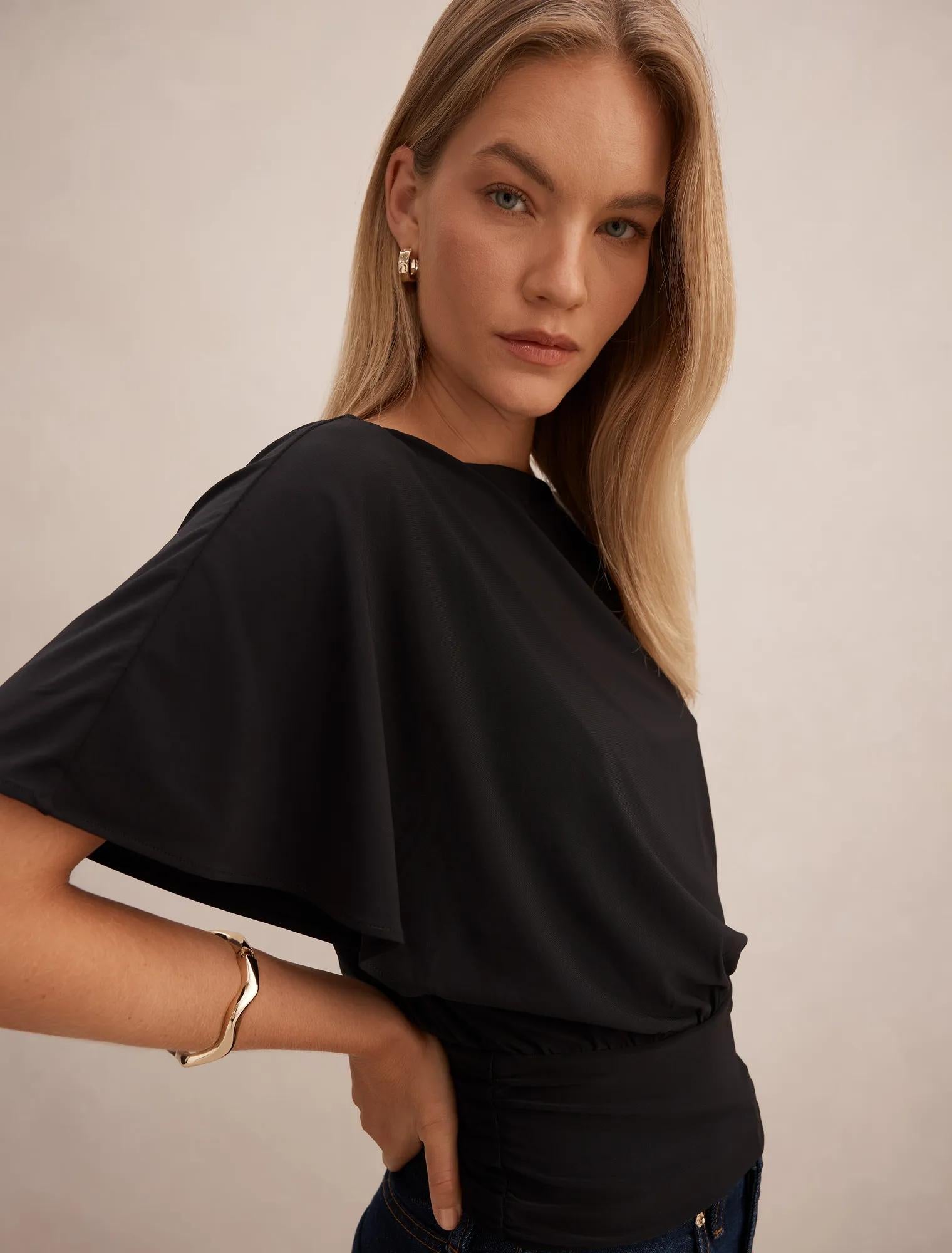 Piper Cinched Flutter Sleeve Top Black