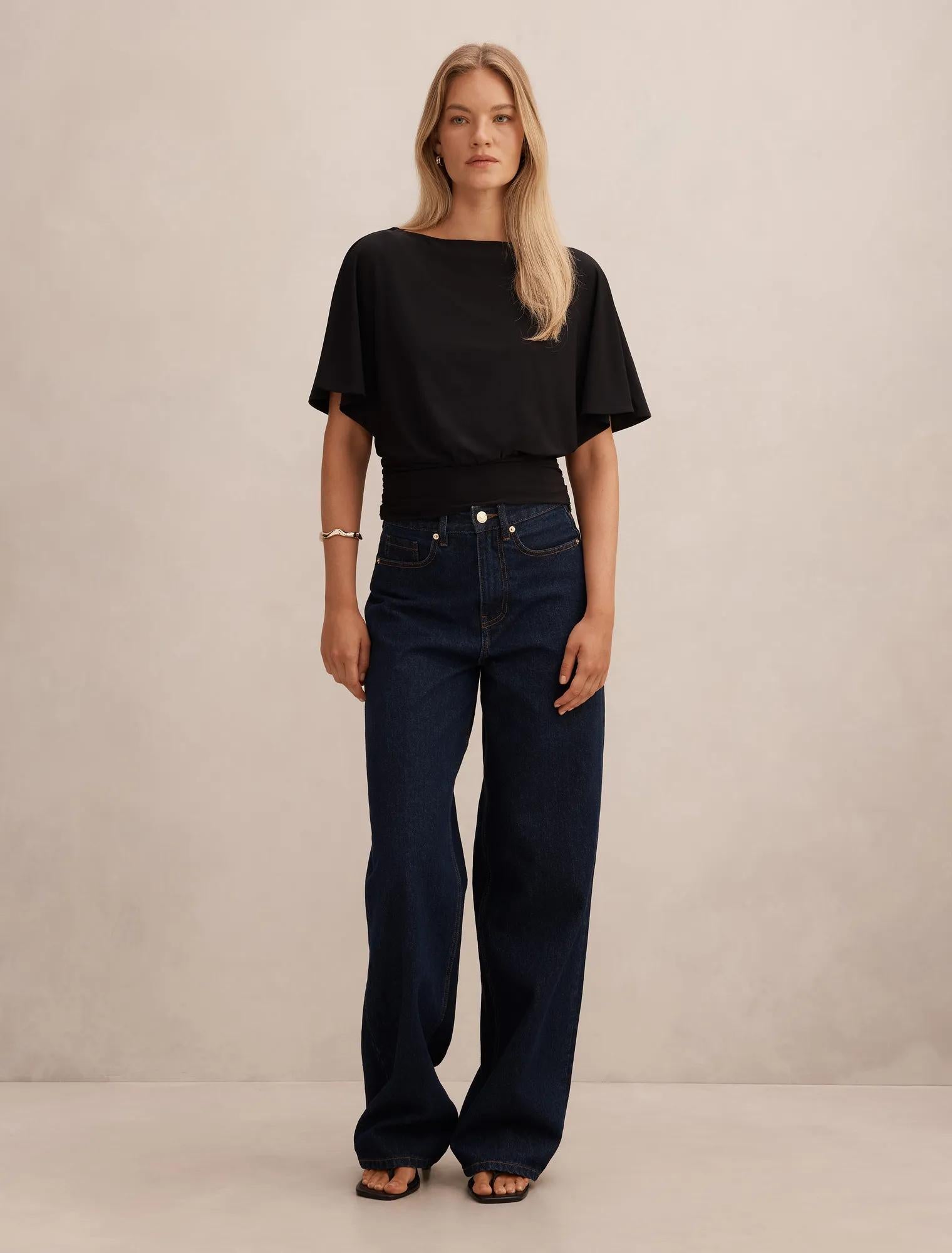 Piper Cinched Flutter Sleeve Top Black