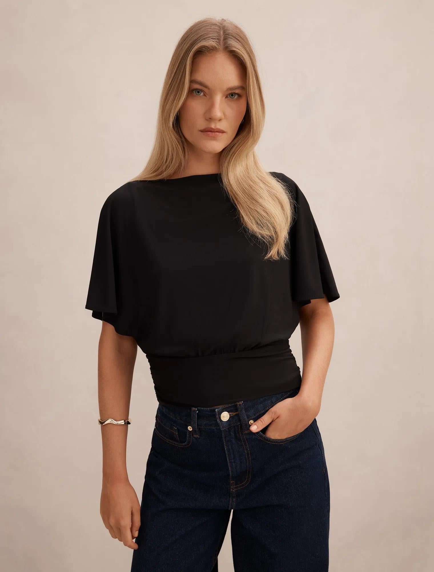 Piper Cinched Flutter Sleeve Top Black