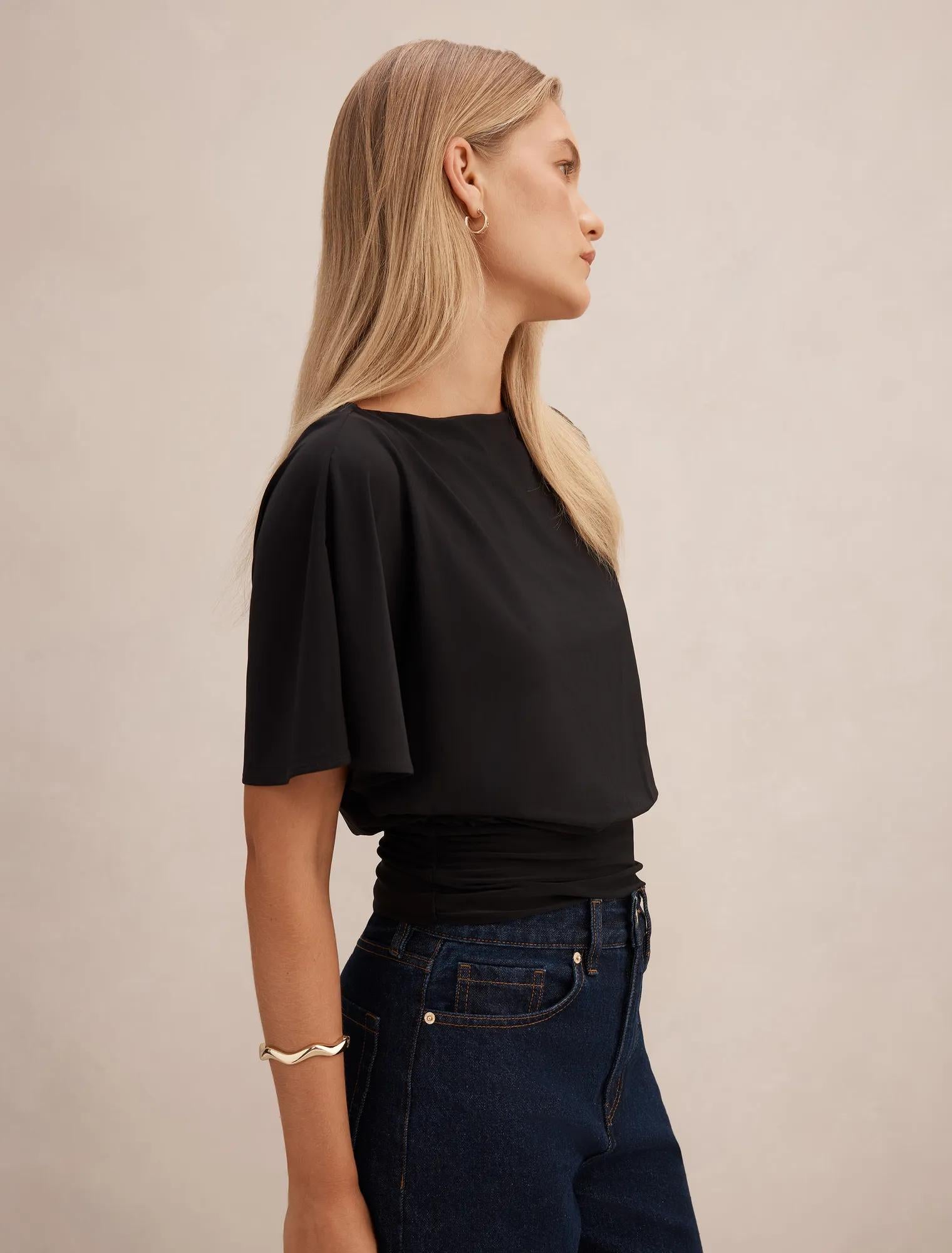 Piper Cinched Flutter Sleeve Top Black
