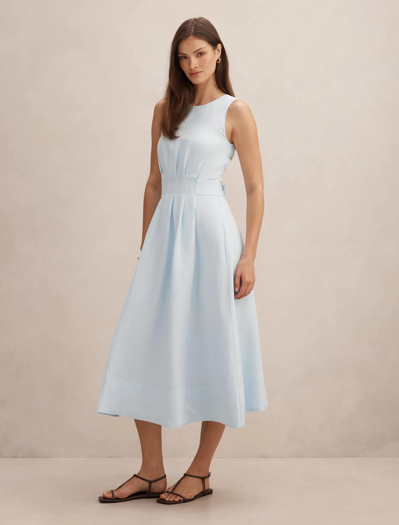 Rosie Linen Sleeveless Tuck Midi Dress Cooling Spray