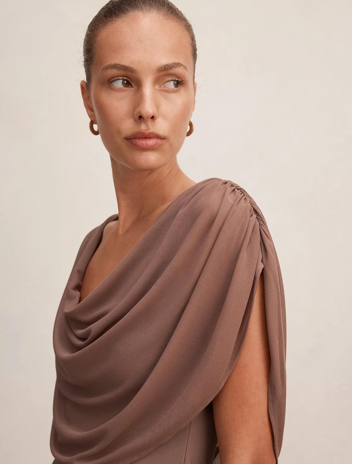 Olivia Draped Mesh Cape Top Portobello