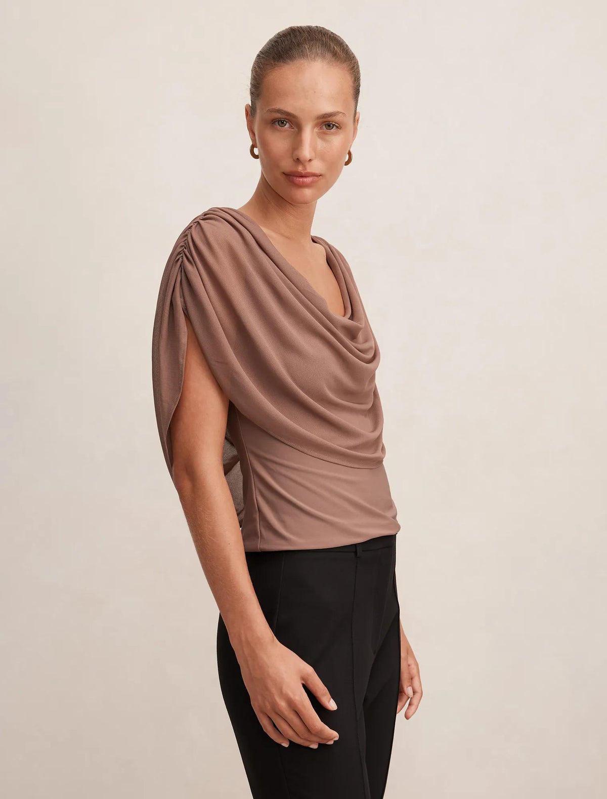 Olivia Draped Mesh Cape Top Portobello