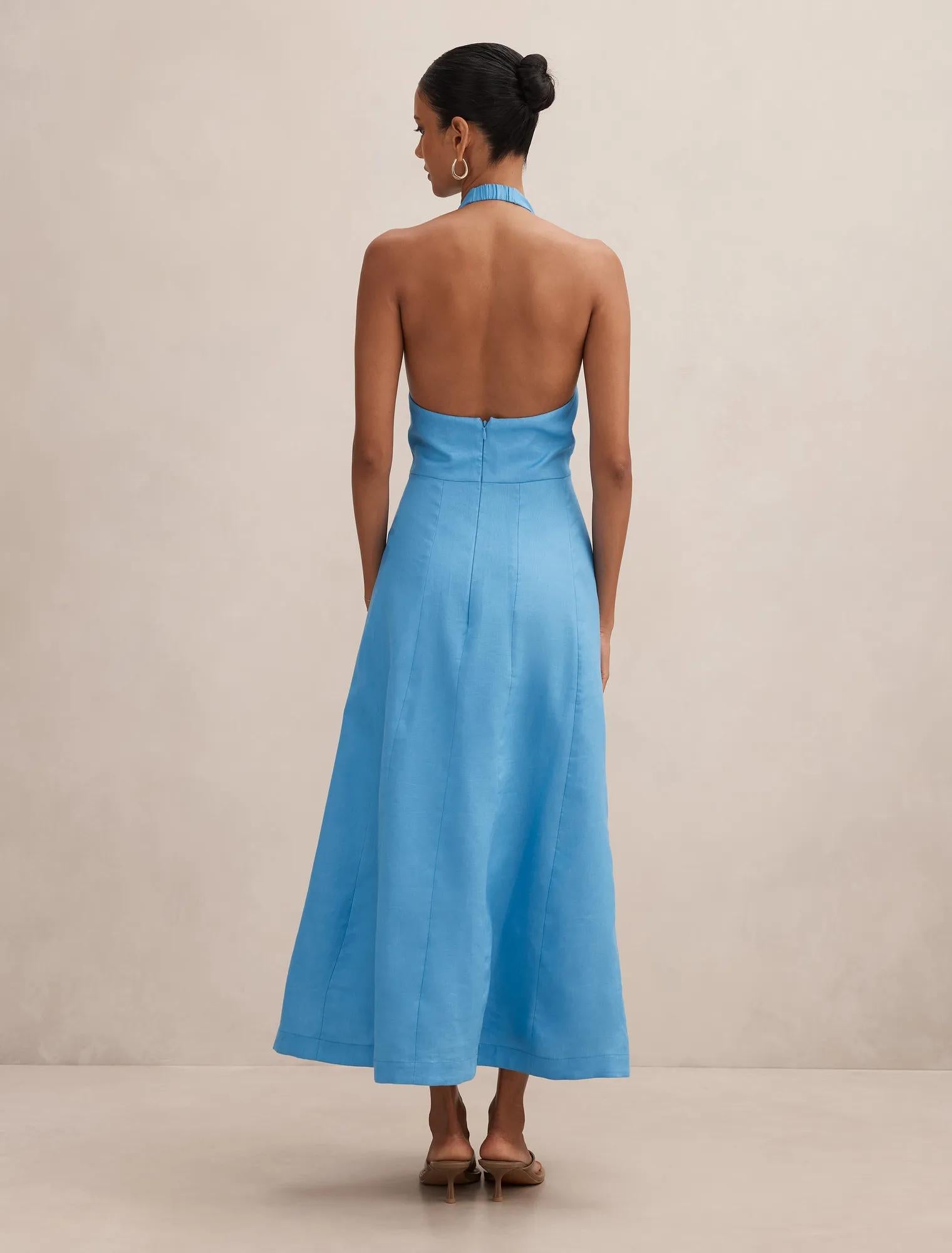 Angie Petite Halter Linen Midi Blue Lemonade
