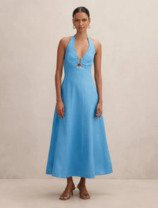 Angie Petite Halter Linen Midi Blue Lemonade