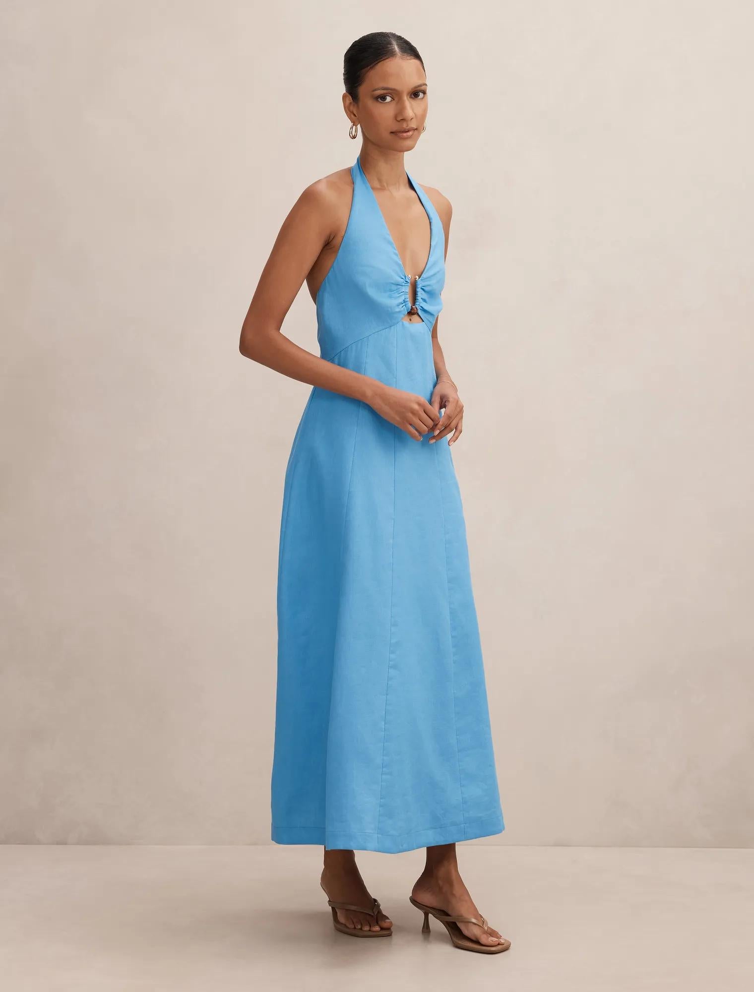 Angie Petite Halter Linen Midi Blue Lemonade