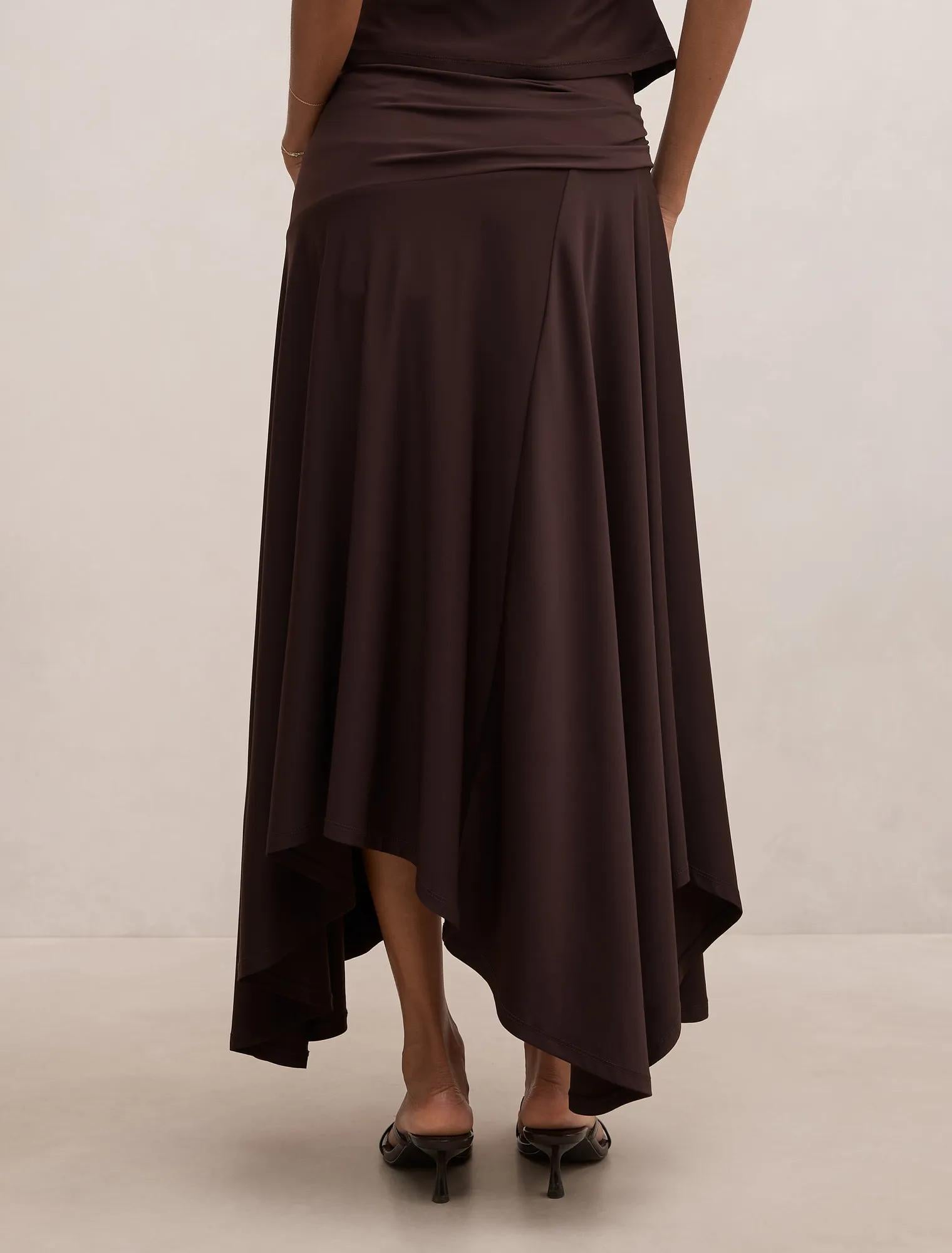 Ariel Petite Godet Hanky Hem Skirt Dark Chocolate Co-ord