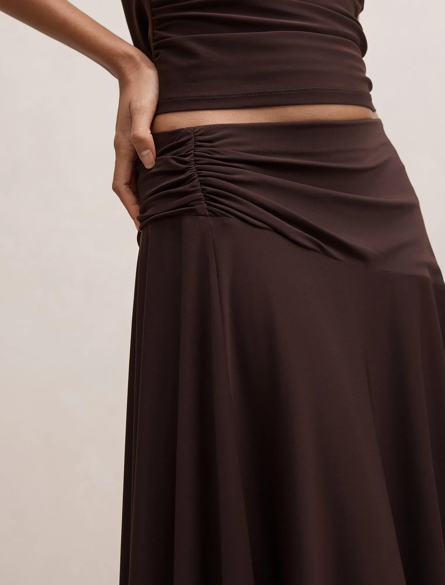 Ariel Petite Godet Hanky Hem Skirt Dark Chocolate Co-ord