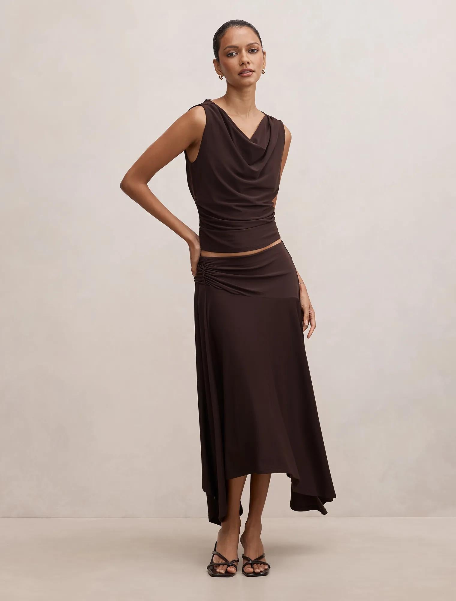 Ariel Petite Godet Hanky Hem Skirt Dark Chocolate Co-ord