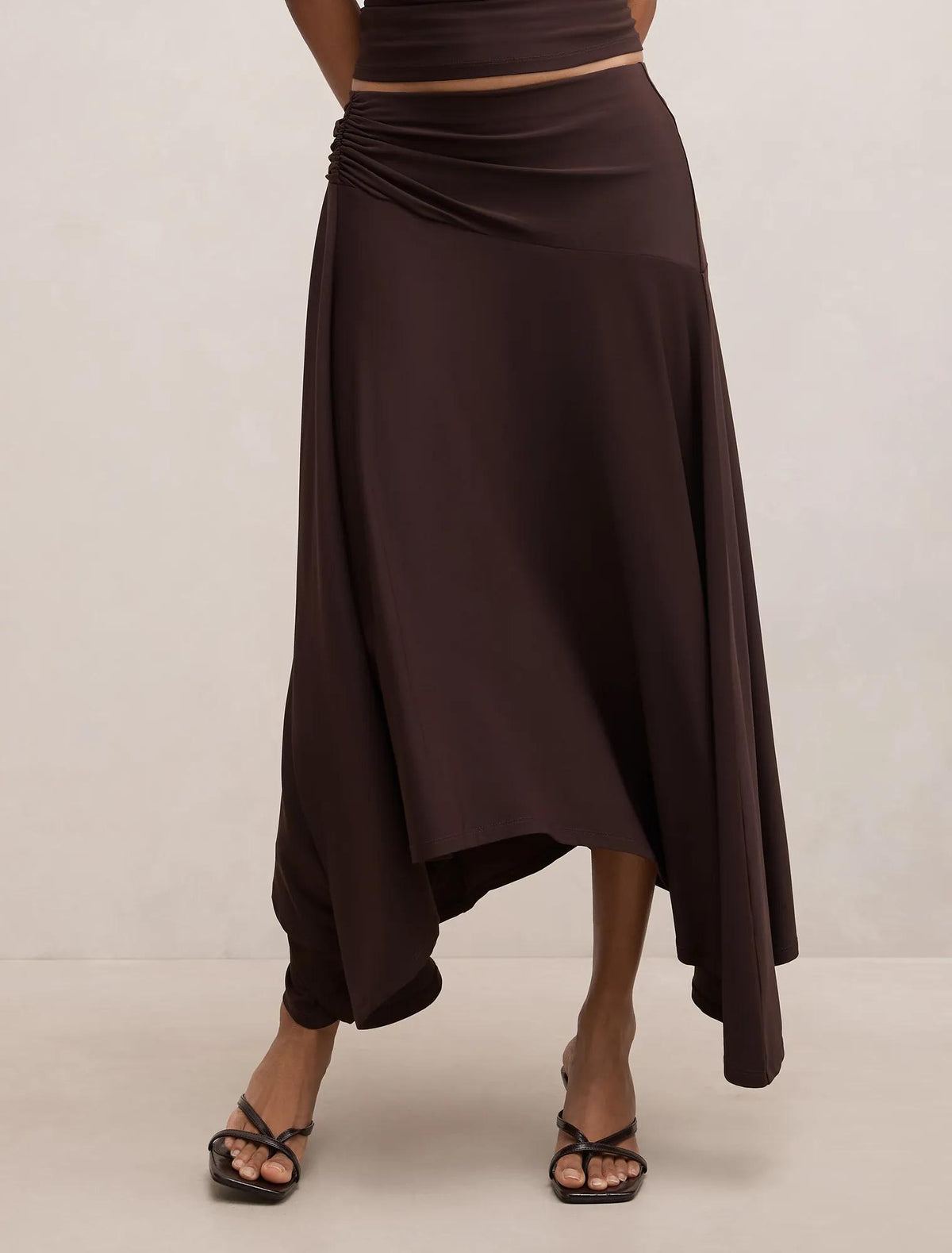 Ariel Petite Godet Hanky Hem Skirt Dark Chocolate Co-ord