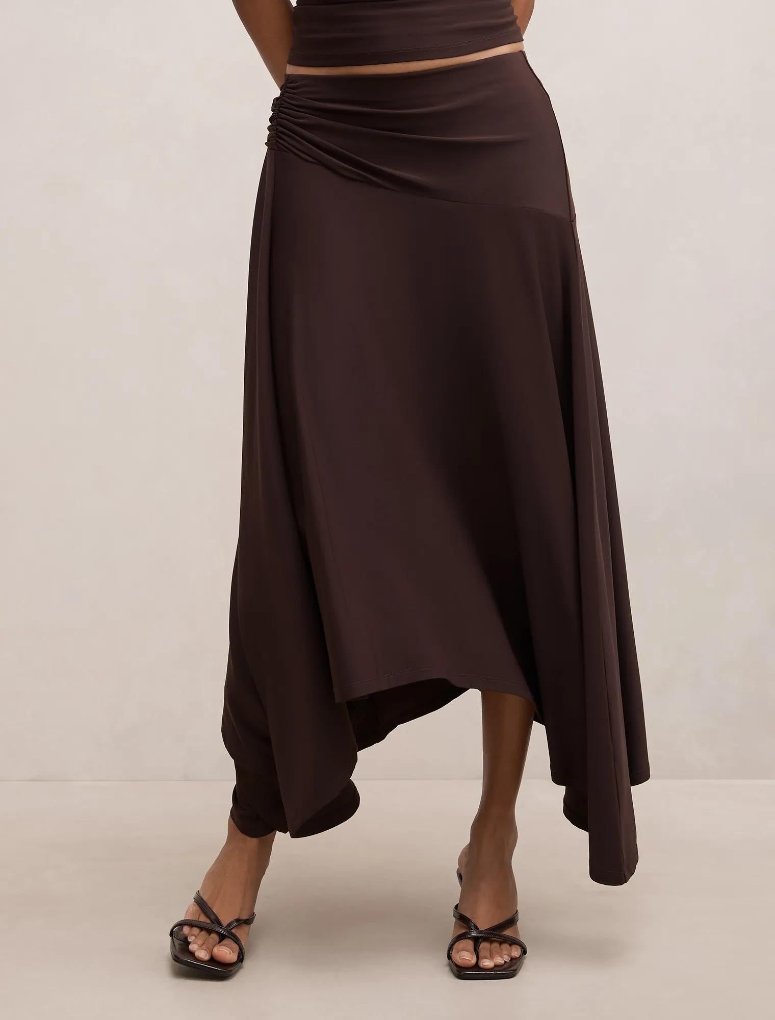 Ariel Petite Godet Hanky Hem Skirt Dark Chocolate Co-ord
