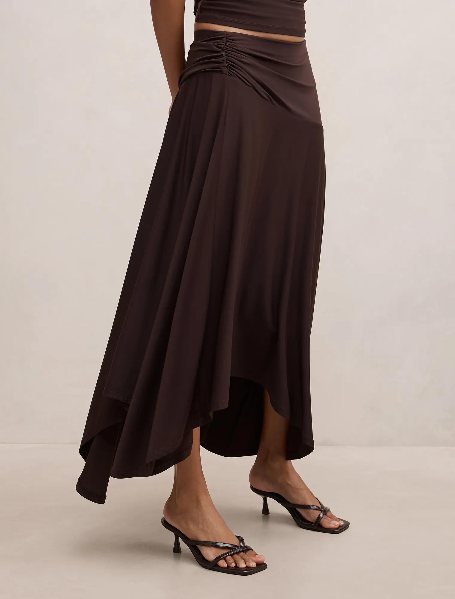 Ariel Petite Godet Hanky Hem Skirt Dark Chocolate Co-ord