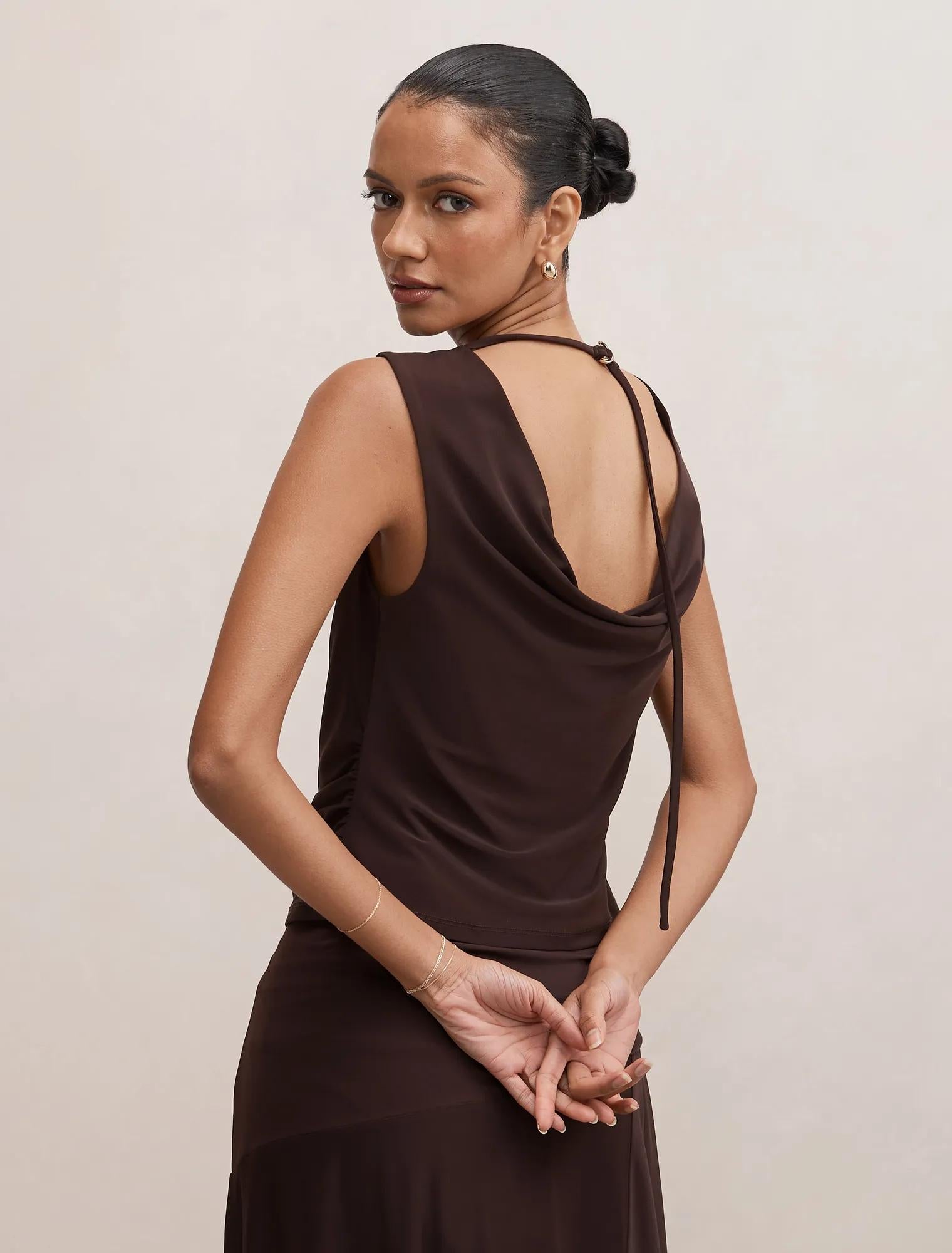 Ada Petite Drape Cowl Back Top Dark Chocolate Co-ord