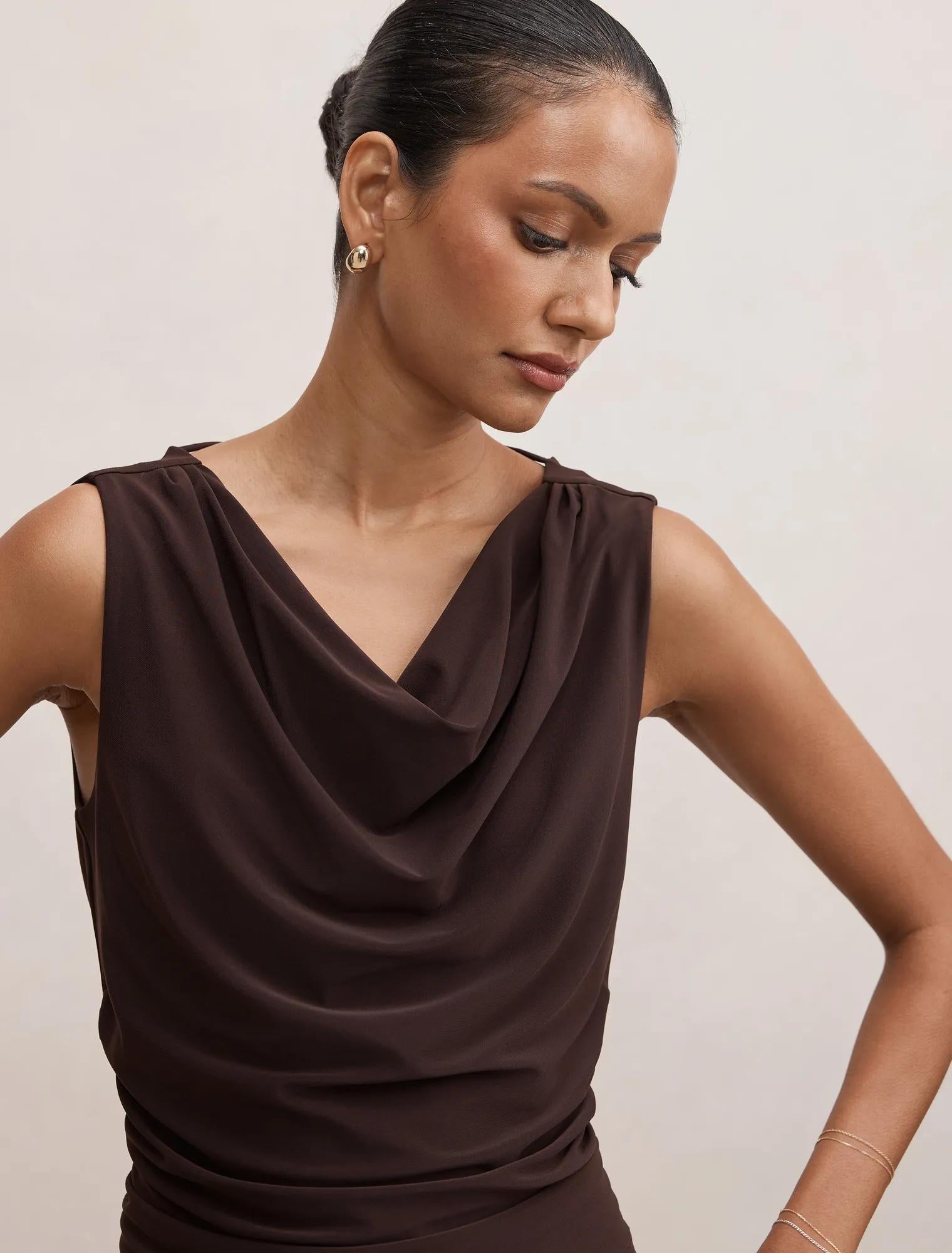 Ada Petite Drape Cowl Back Top Dark Chocolate Co-ord