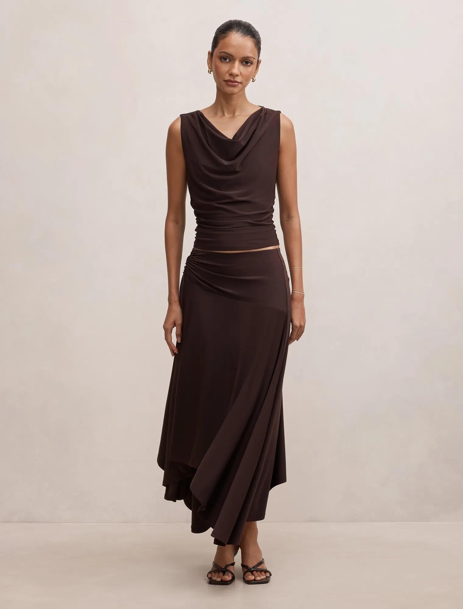 Ada Petite Drape Cowl Back Top Dark Chocolate Co-ord