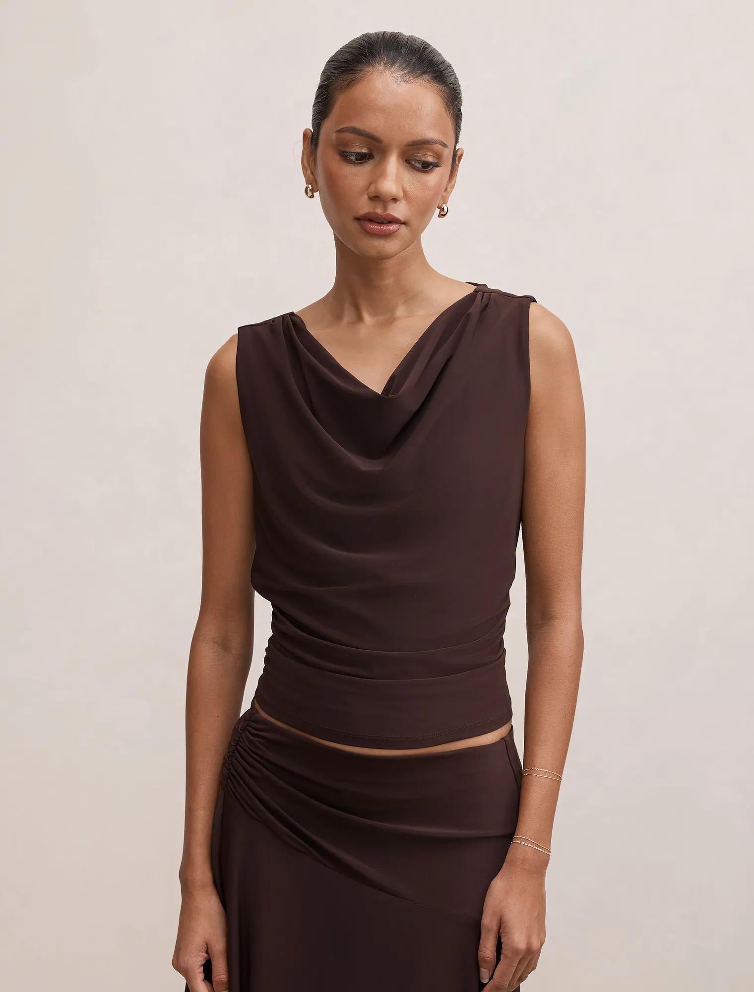 Ada Petite Drape Cowl Back Top Dark Chocolate Co-ord
