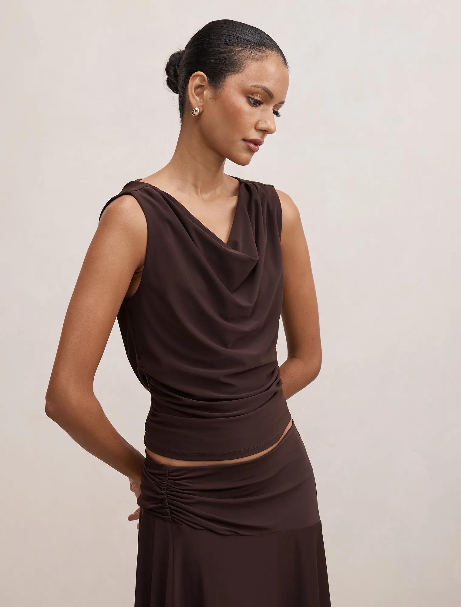 Ada Petite Drape Cowl Back Top Dark Chocolate Co-ord