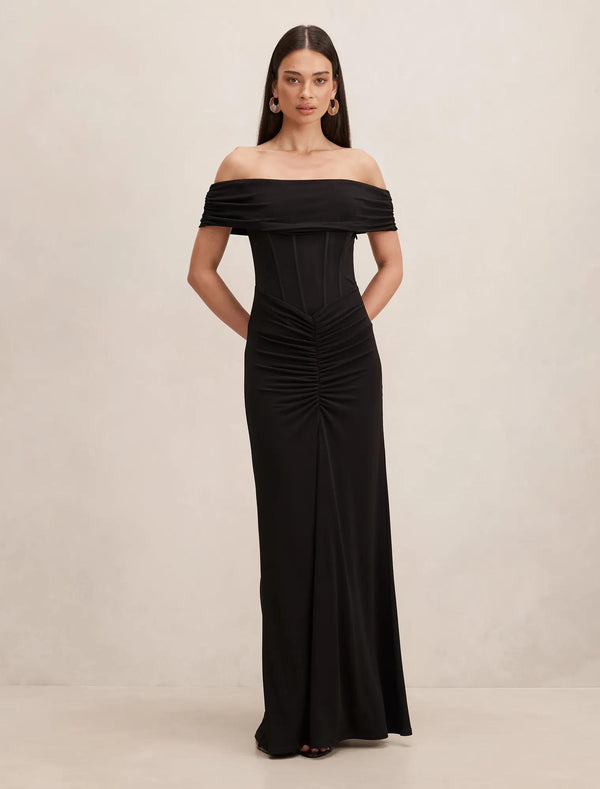 Ania Ruched Bardot Maxi Dress Black