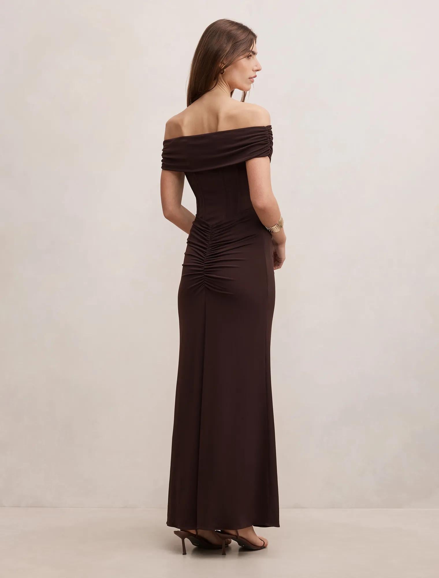 Ania Ruched Bardot Maxi Dress Dark Chocolate