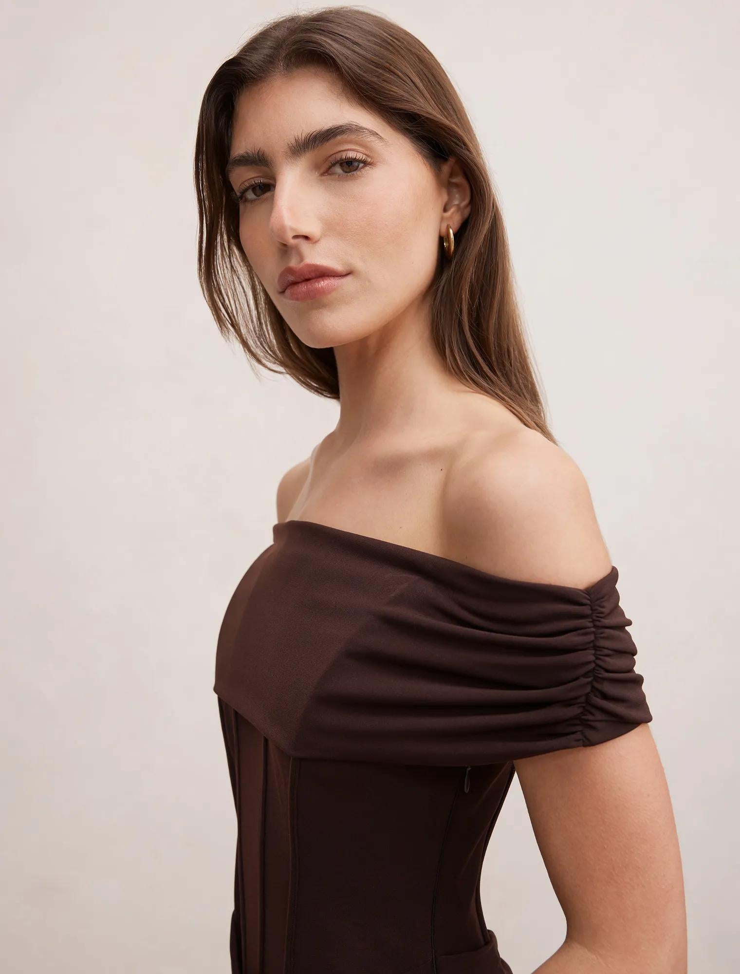 Ania Ruched Bardot Maxi Dress Dark Chocolate