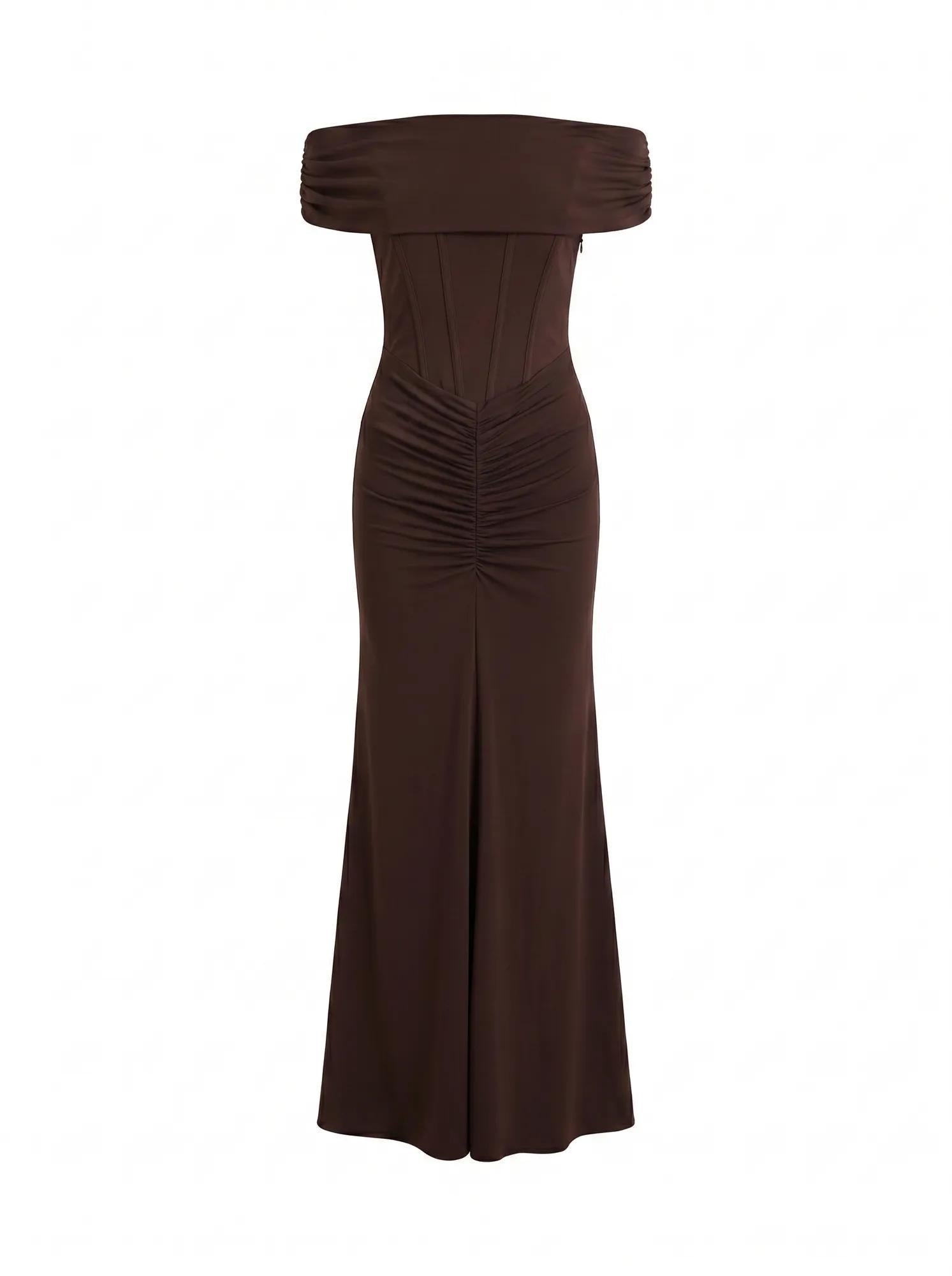 Ania Ruched Bardot Maxi Dress Dark Chocolate_mannequin