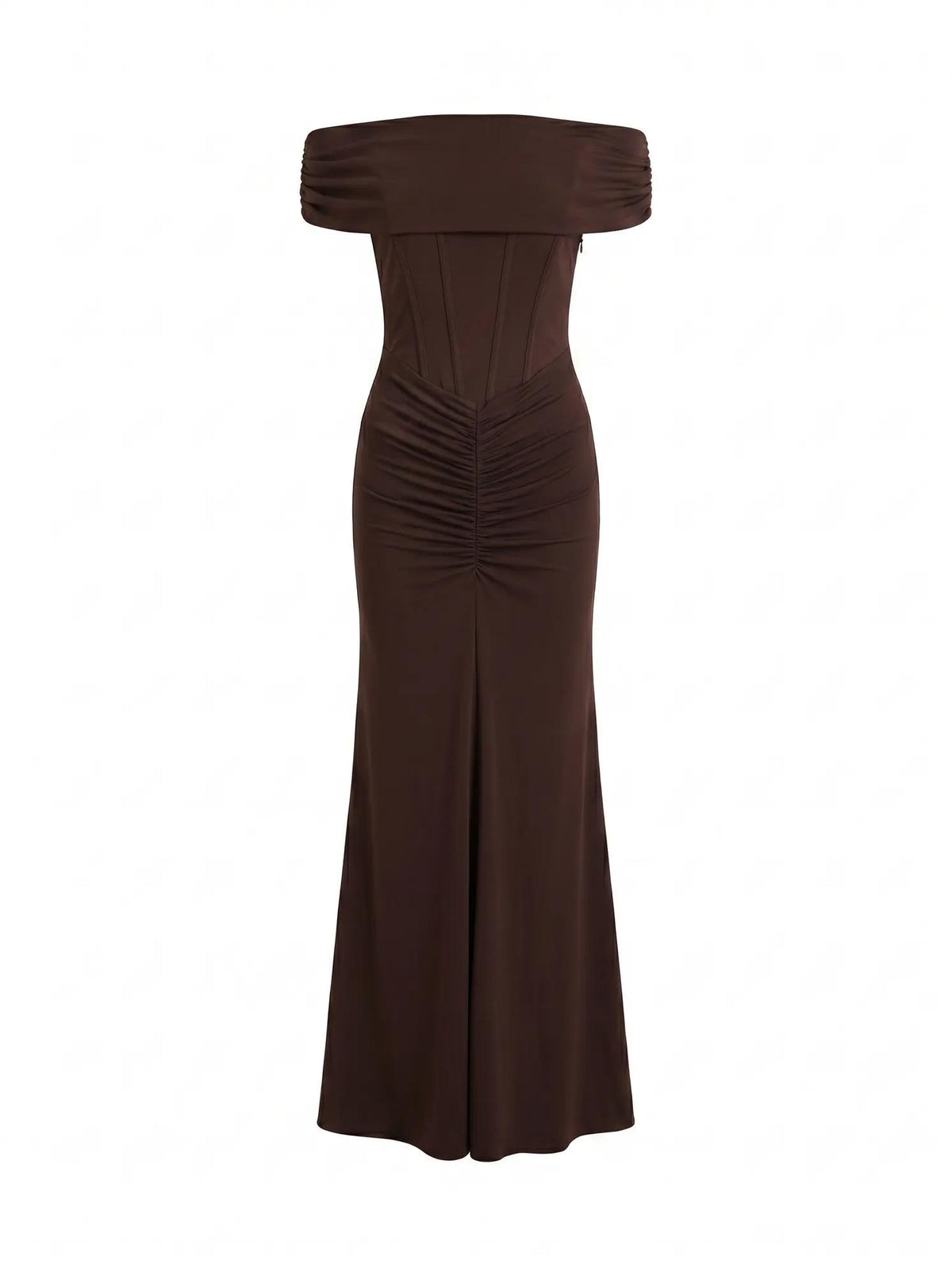 Ania Ruched Bardot Maxi Dress Dark Chocolate_mannequin