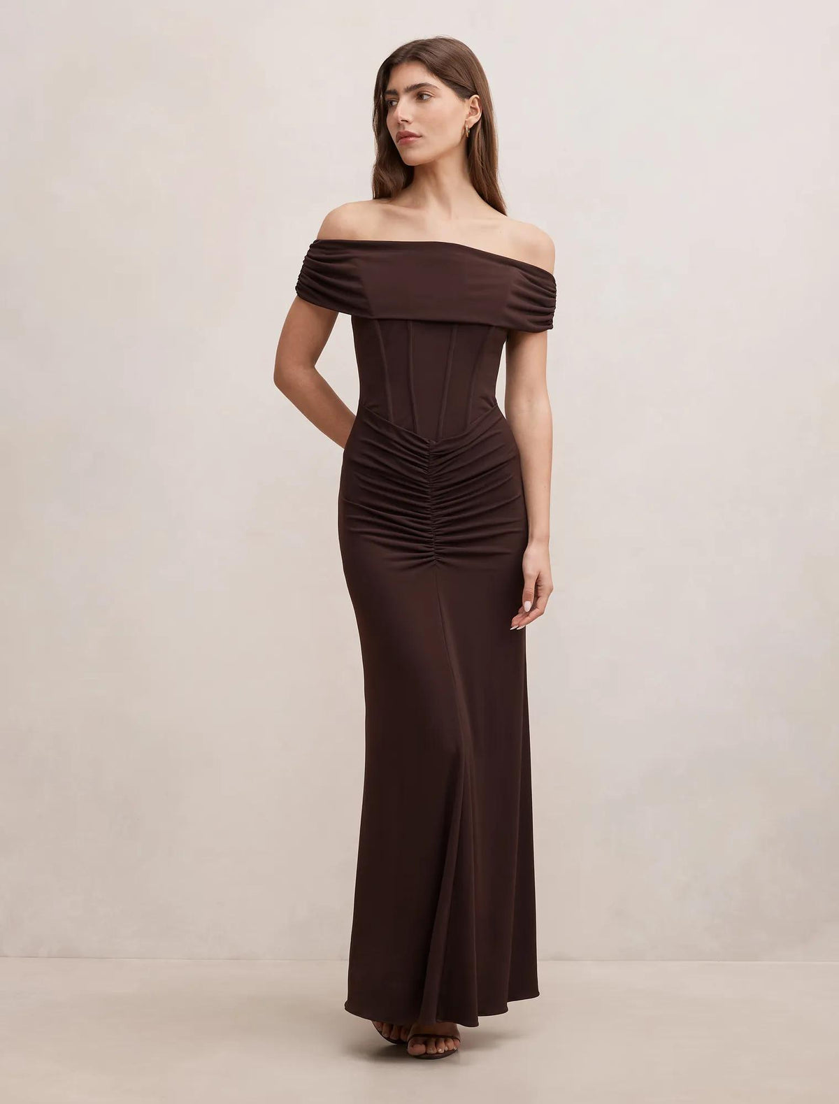 Ania Ruched Bardot Maxi Dress Dark Chocolate