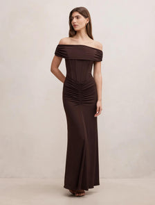 Ania Ruched Bardot Maxi Dress Dark Chocolate