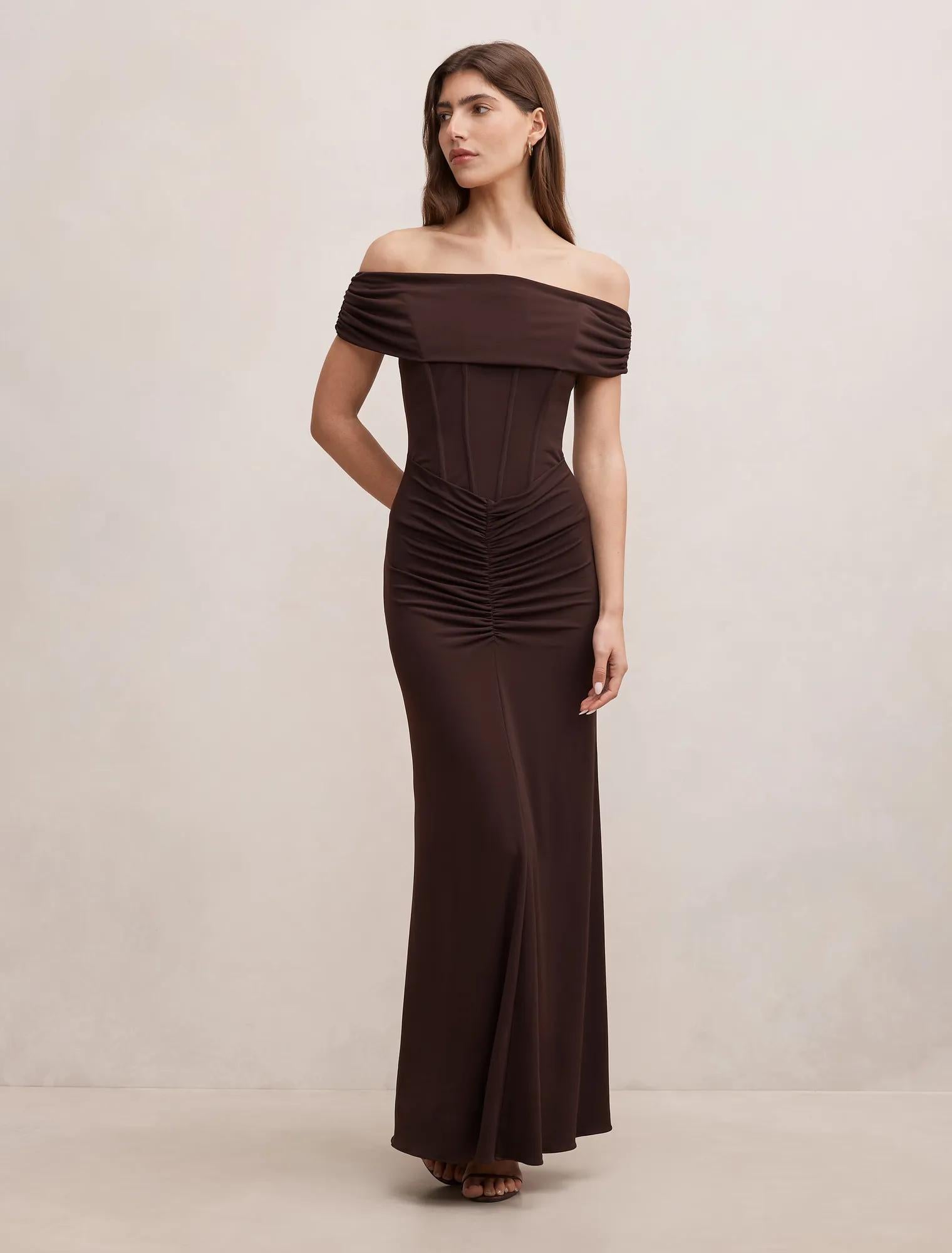 Ania Ruched Bardot Maxi Dress Dark Chocolate