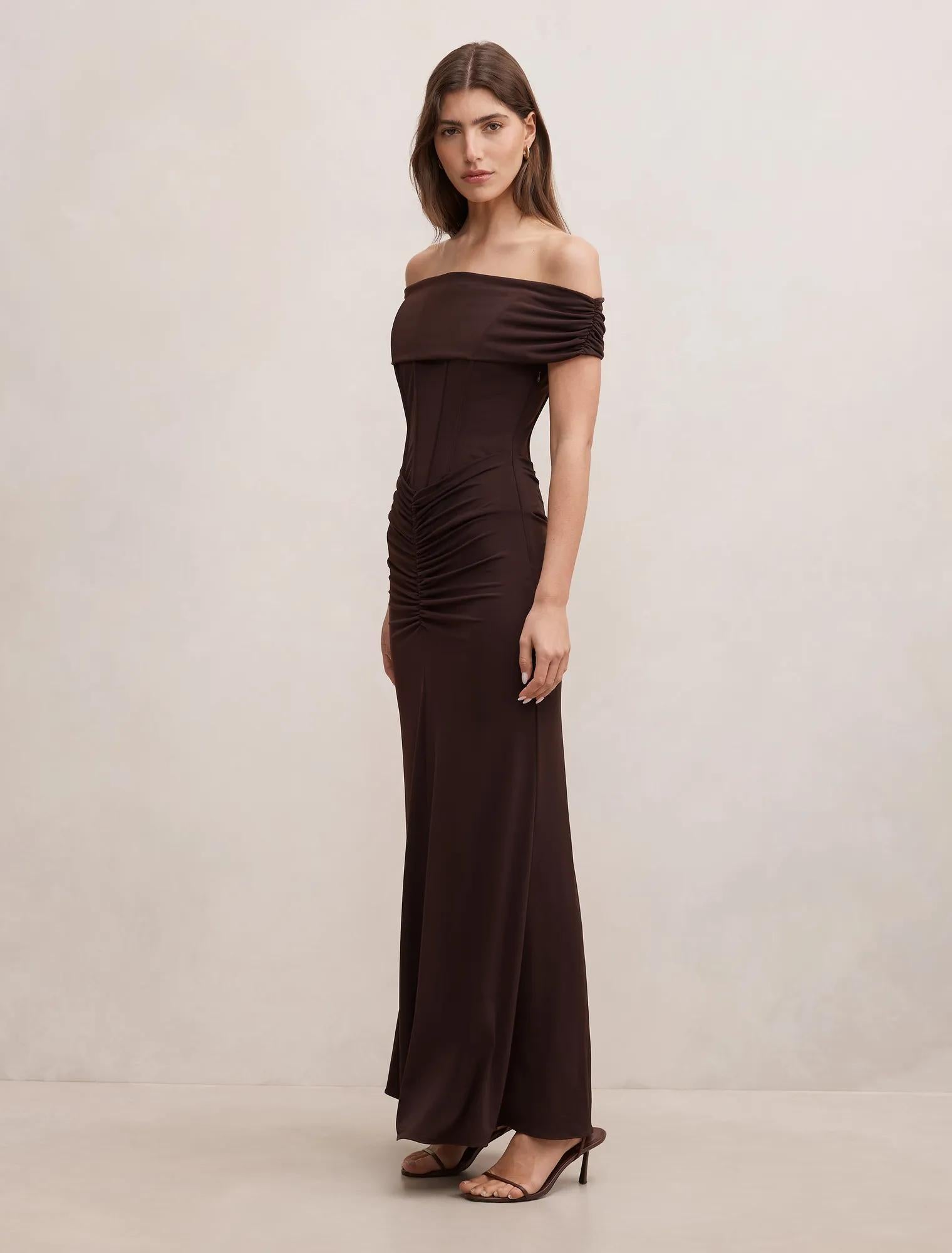 Ania Ruched Bardot Maxi Dress Dark Chocolate
